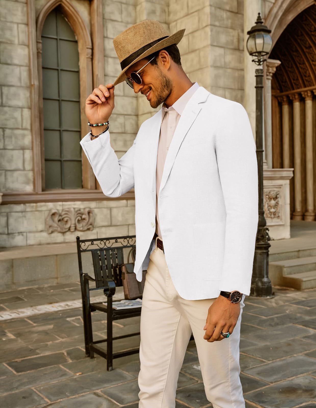 PJ PAUL JONES Veste en lin à coupe ajustée décontractée pour homme, légère, 2 boutons, veste sportive, coupe silencieuse, blanc, XXL