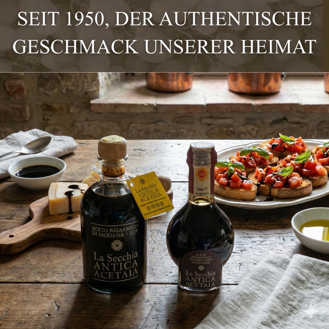 La Secchia Traditioneller Aceto Balsamico D.O.P. Affinato und Aceto Balsamico di Modena IGP Vier Sterne, Vorteilspack im Bundle, mit Dosierkappe, handwerkliche Qualität – Made in Italy.