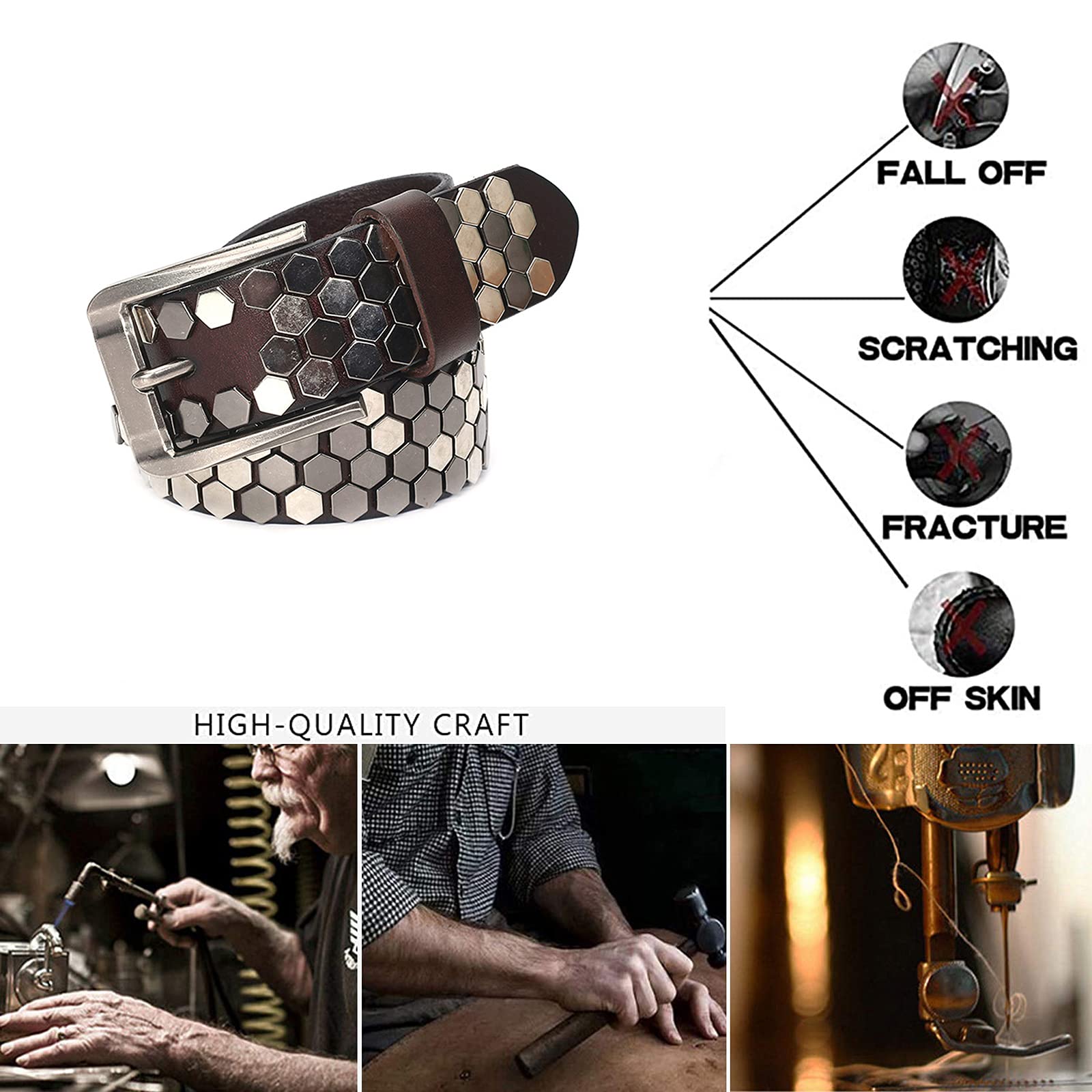 Vollrind-Walkleder Nietengürtel Mit Verschiedenfarbigen Sechseckige Wabe Nieten, Gürtel Für Damen Und Herren, Kürzbar, Unisex Studded Belt,Kaffee,105cm/waist:34"~36"