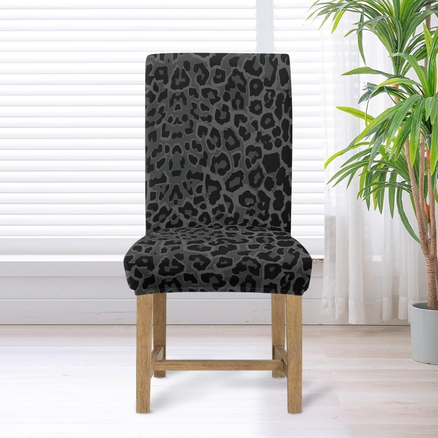 Black Leopard Print Dining Chair Covers Stretch Chair Slipcovers Anti-Slip Covers for Dining Chair Removable Washable Parsons Kitchen Chair Covers, Set of 6