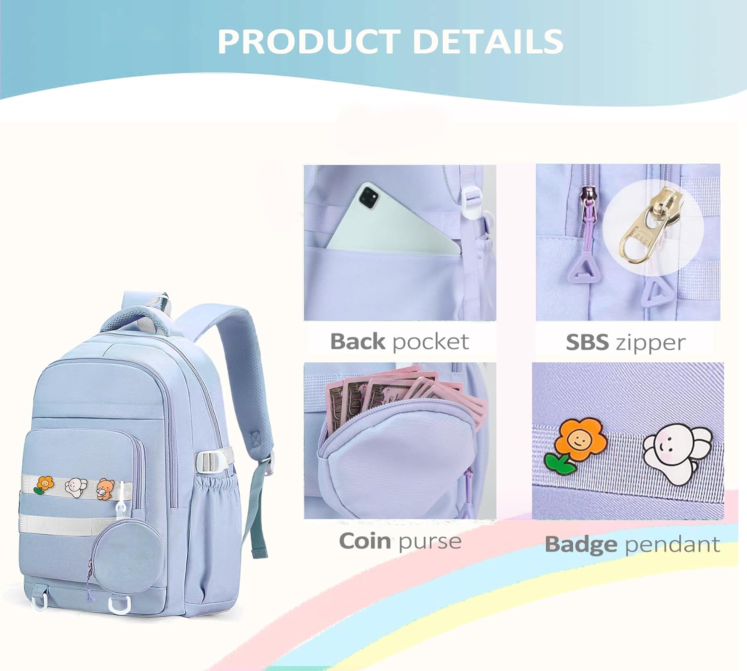 Cute Backpack for Teen Girls Boys, Aesthetic Laptop Bookbag for College High Middle School Student Women, Blue - Image 5