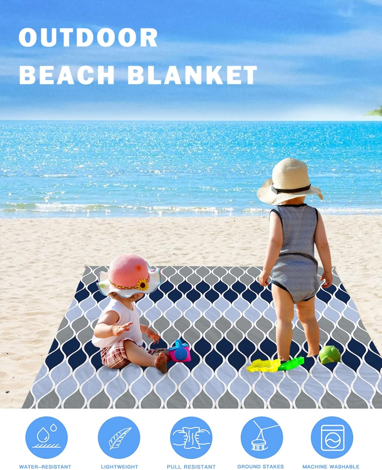 Geometric Ombre Curve Line Beach Blanket Waterproof Sandproof Outdoor Picnic Mat 108"x84" Navy Blue Grey Lightweight Large Beaach Blankets with 4 Stake & 4 Corner Pockets