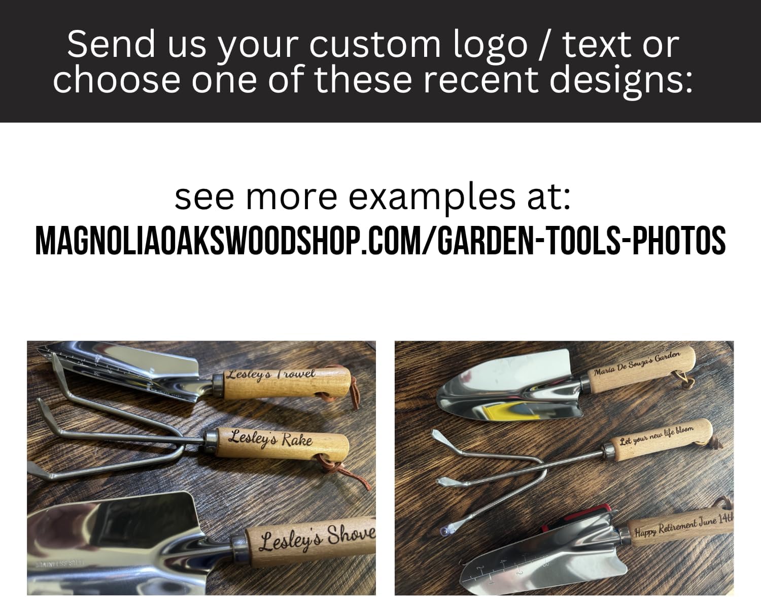 Personalized Garden Tools Gift Set for Gardeners - Custom Gardening Wooden Shovel, Trowel, & Rake with Bag