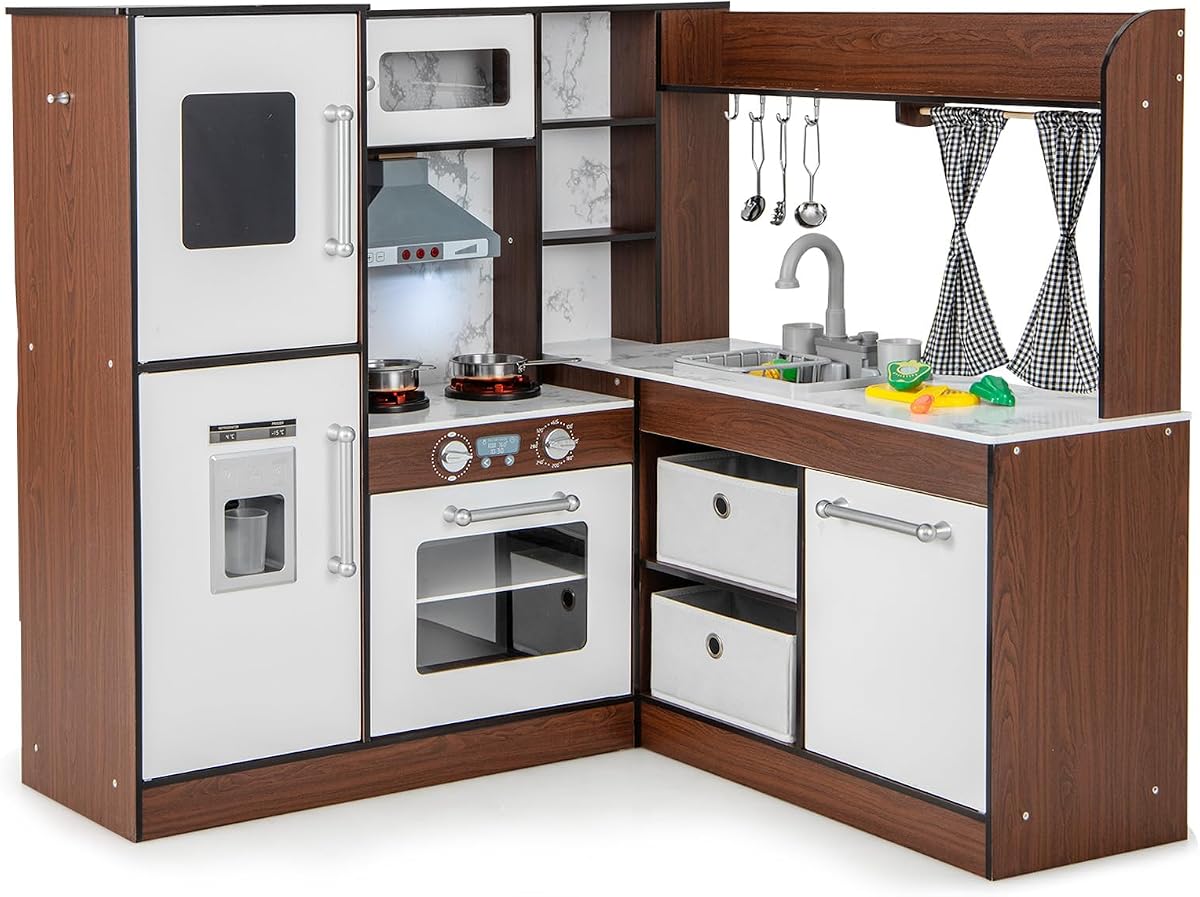 Costzon Juego de cocina para niños, juego de cocina de juguete para niños con luces y sonidos reales, fregadero y grifo, máquina de hielo, microondas, horno, 18 accesorios de cocina, cocina de esquina para niños a partir de 3 años (café)