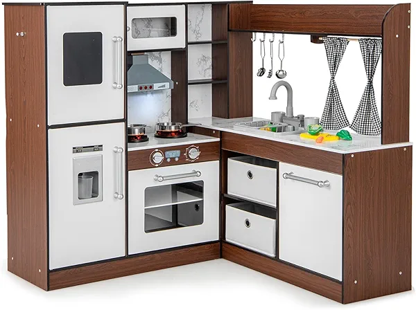 Costzon Kids Kitchen Playset, Toddler Pretend Toy Cooking Set w/Real Lights & Sounds, Sink & Faucet, Ice Maker, Microwave, Oven, 18 Cooking Accessories, Corner Play Kitchen for Kids Ages 3+ (Coffee)