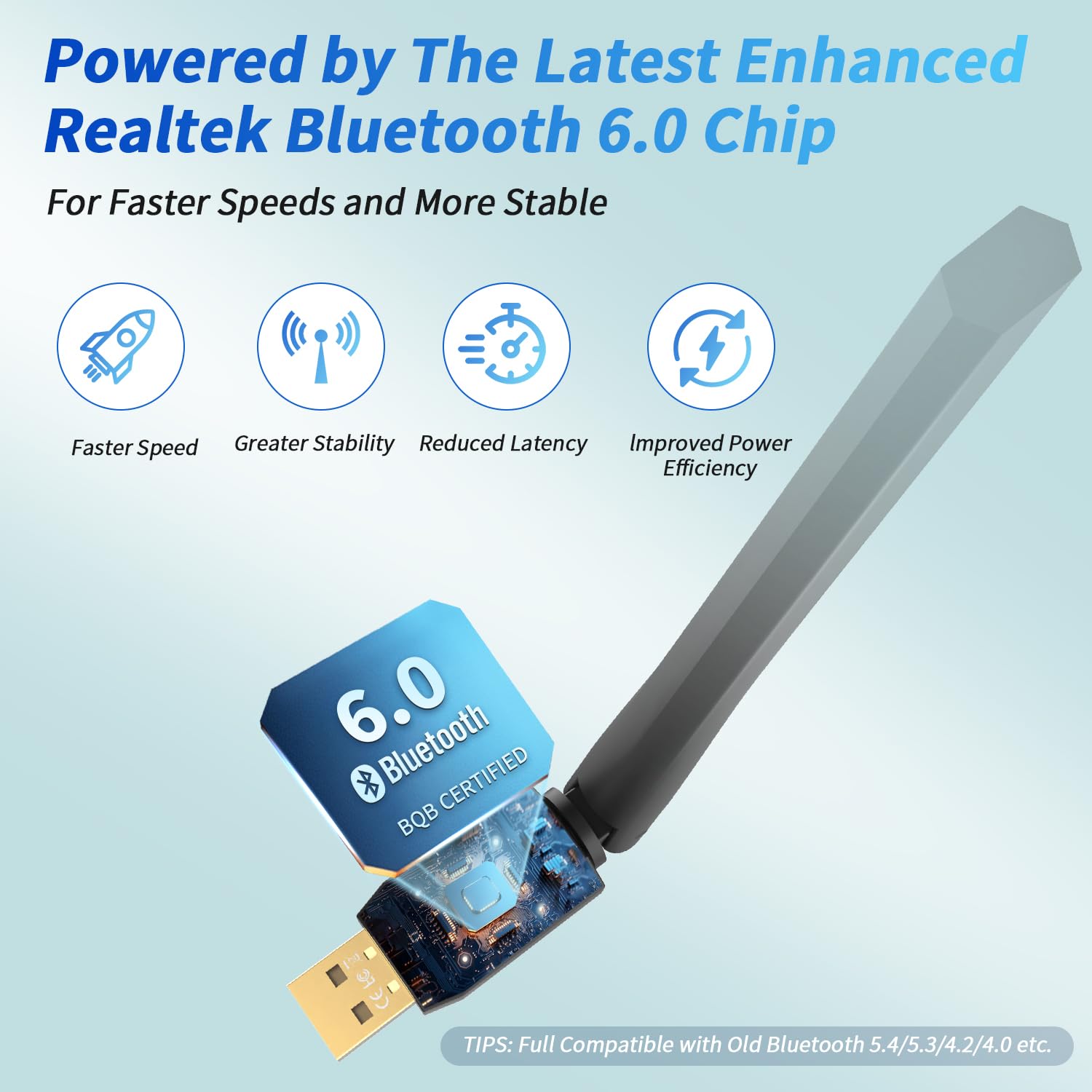 Adaptador Bluetooth 6.0 de largo alcance para PC, PA integrado para dongle USB inalámbrico de alta ganancia de 5 dBi para Windows 11/10/8.1, computadora de escritorio, Plug & Pair con