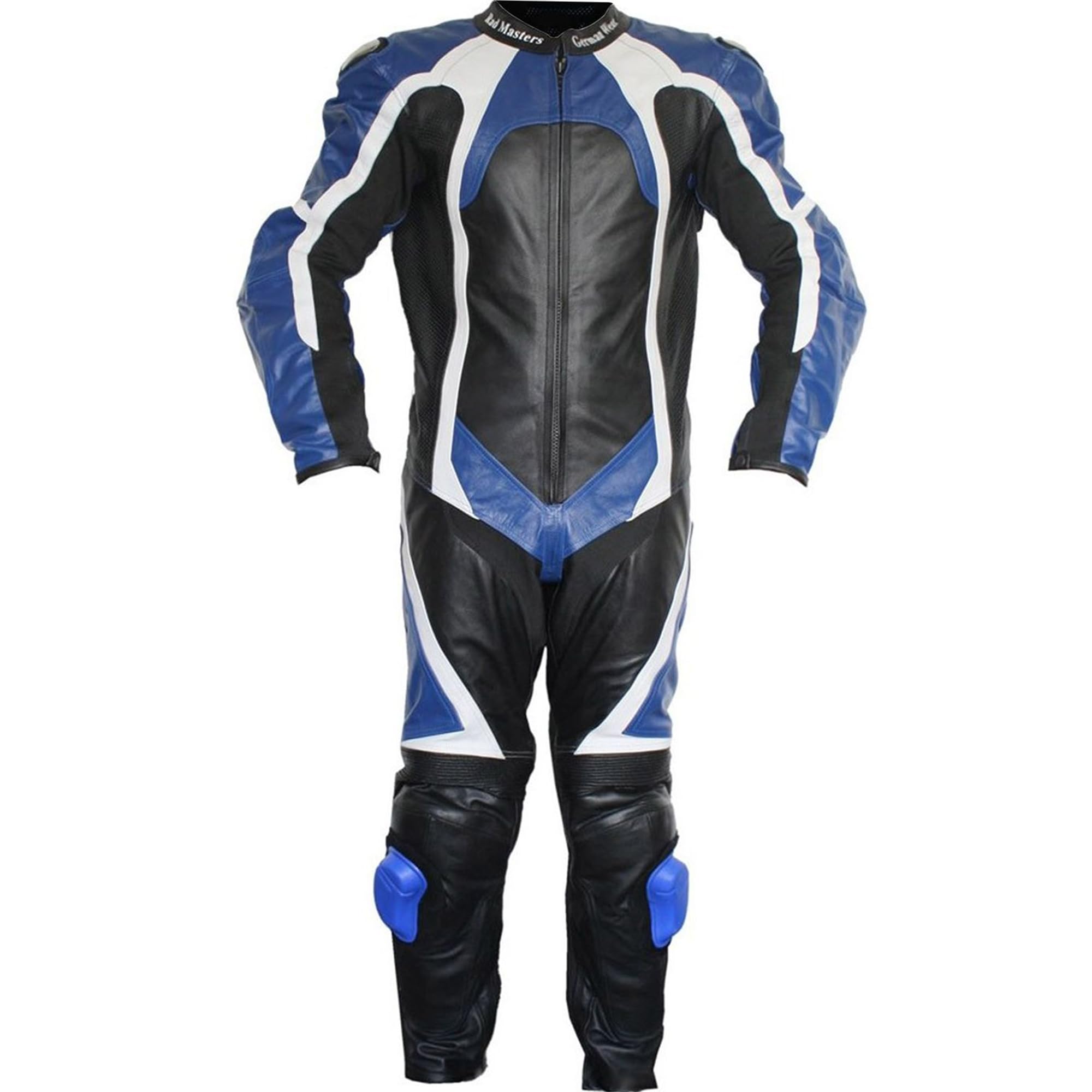 German Wear Einteiler Motorradkombi Lederkombi aus Büffelleder echtleder Kombi, 52/L, Farbe:Blau