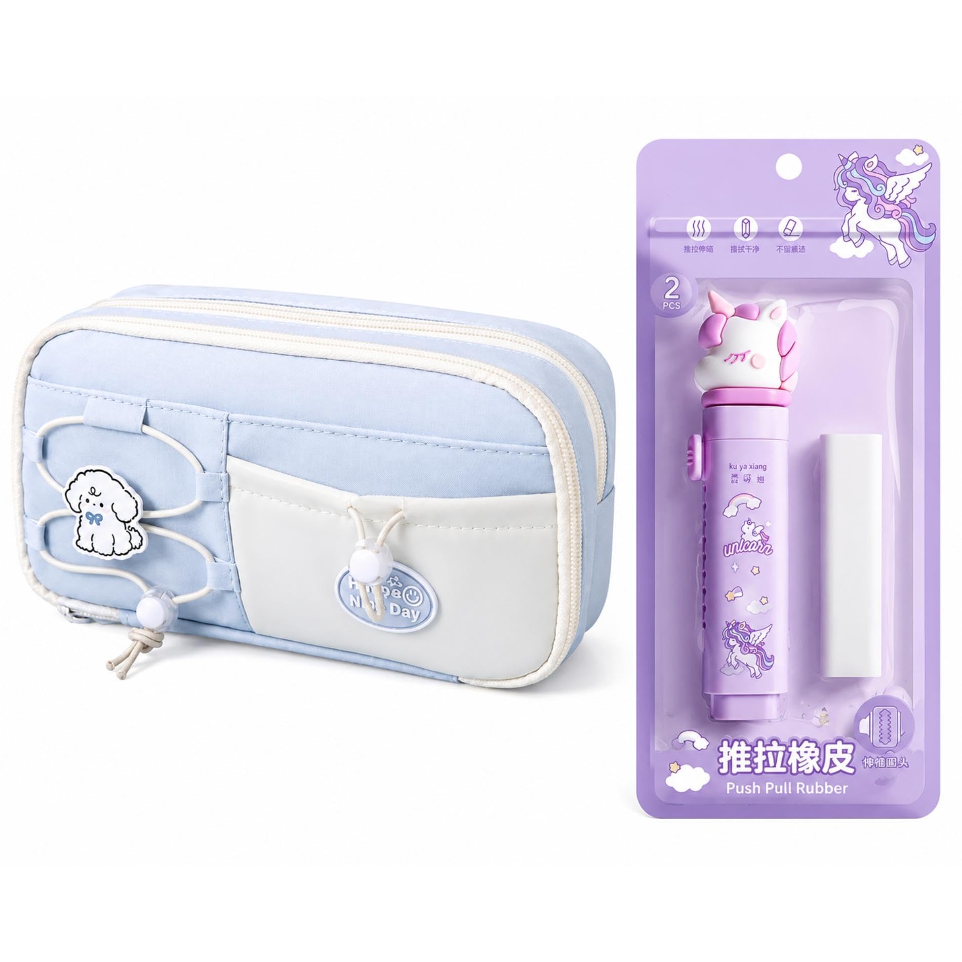 Kawaii Cute Aesthetic Pencil Case 3 Layer 6 Compartment with Cute Erasers Push Pull Design Cartoon Pen for Girls & Boys, Students School Office Stationery Organizer-image-49
