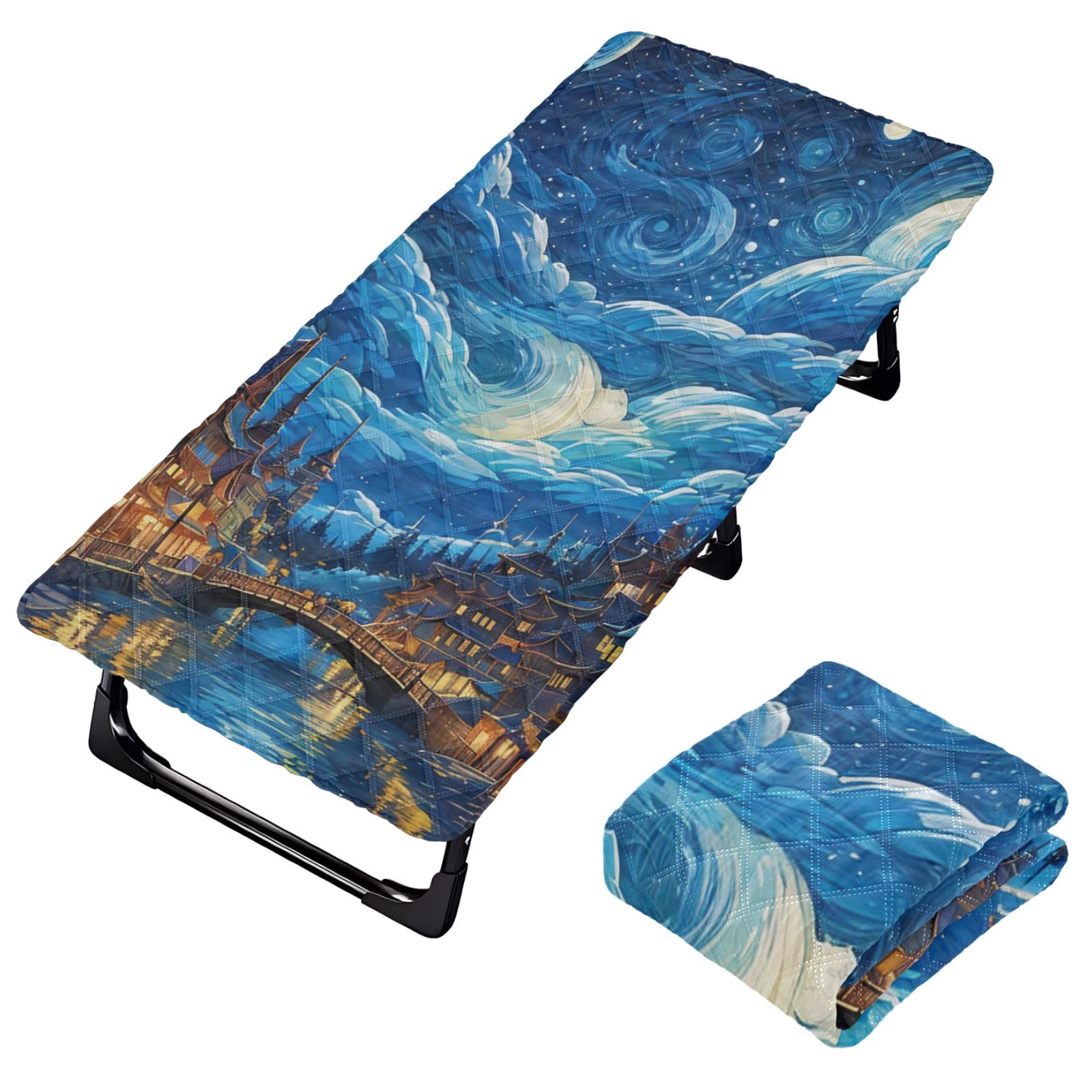 Portable Toddler Bed Sheet for Kids Ancient Castle with River Moon and Clouds Oil Painting Travel Bed Fitted Sheet