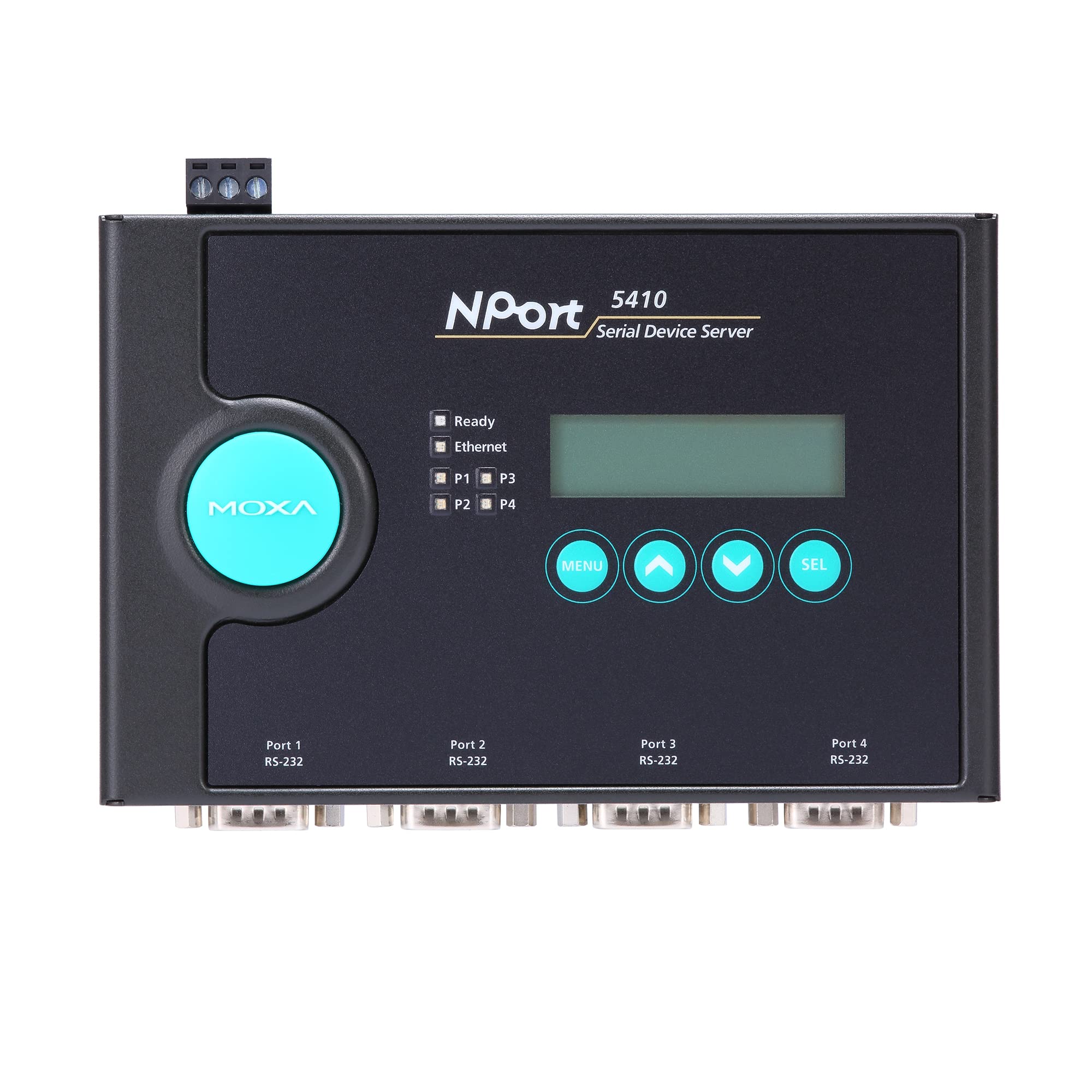 Moxa NPort 5410 with Adapter - 4 Port Device Server, US Plug, 10/100M Ethernet, RS-232, DB9 Male, 12-48VDC, 0 to 55°C