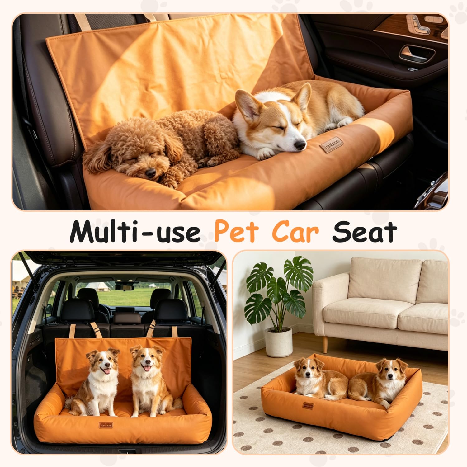 Nobleza Asiento de Coche para Perros Medianos a Grandes, Cinturón de Seguridad Estable, Impermeable, Antideslizante, Adecuado para Perros Medianos y Grandes, L92*W52*H47cm, Color Naranja