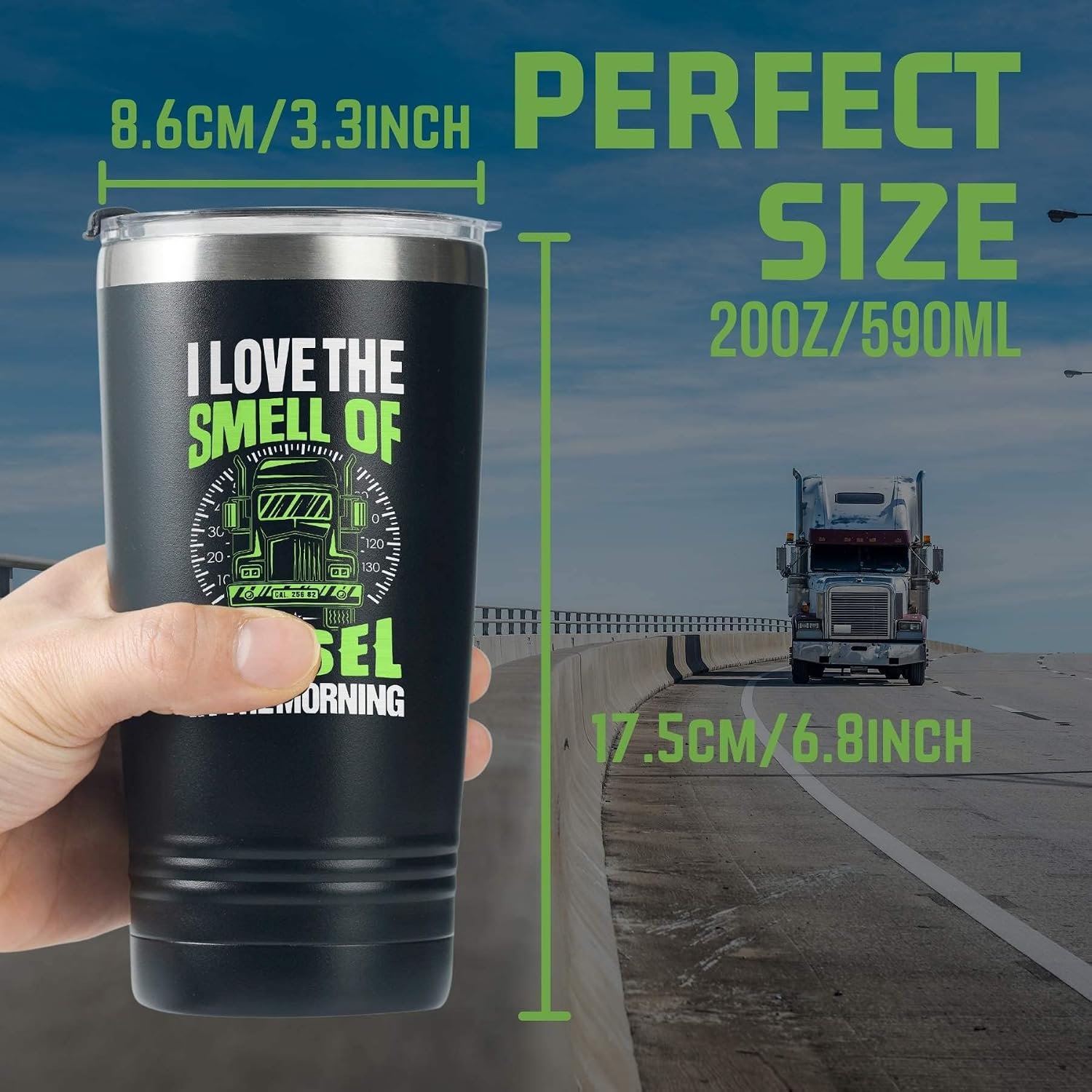 Onebttl Funny Truck Driver Gifts For Men, Him - I Love the Smell of in the Morning - 20oz/590ml Stainless Steel Insulated Tumbler - Christmas, Thank you, Retirement Gifts For Trucker - (Black)