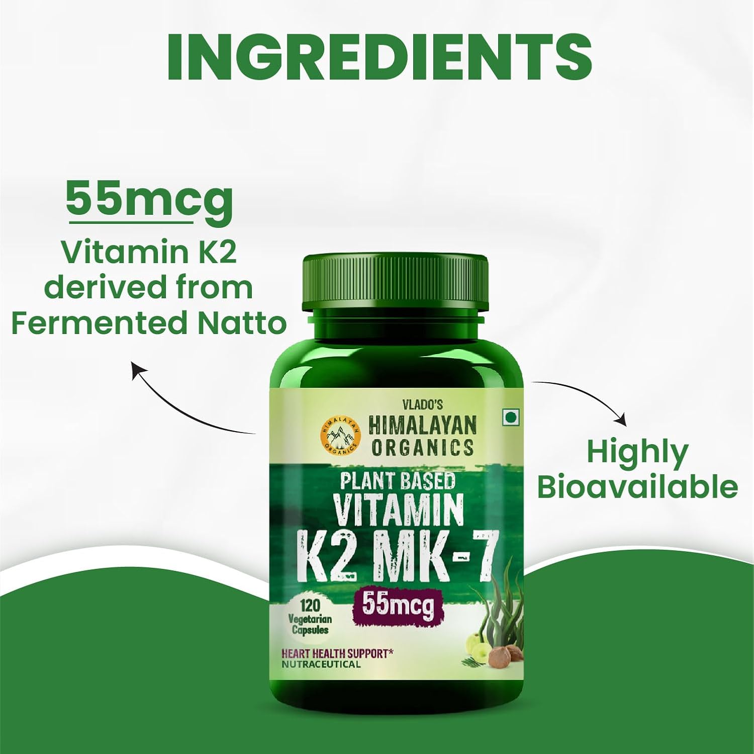 Himalayan Organics Organics Plant-Based Vitamin K2 Supplement Supports Stronger Bone & Heart Health - 120 Veg Capsules