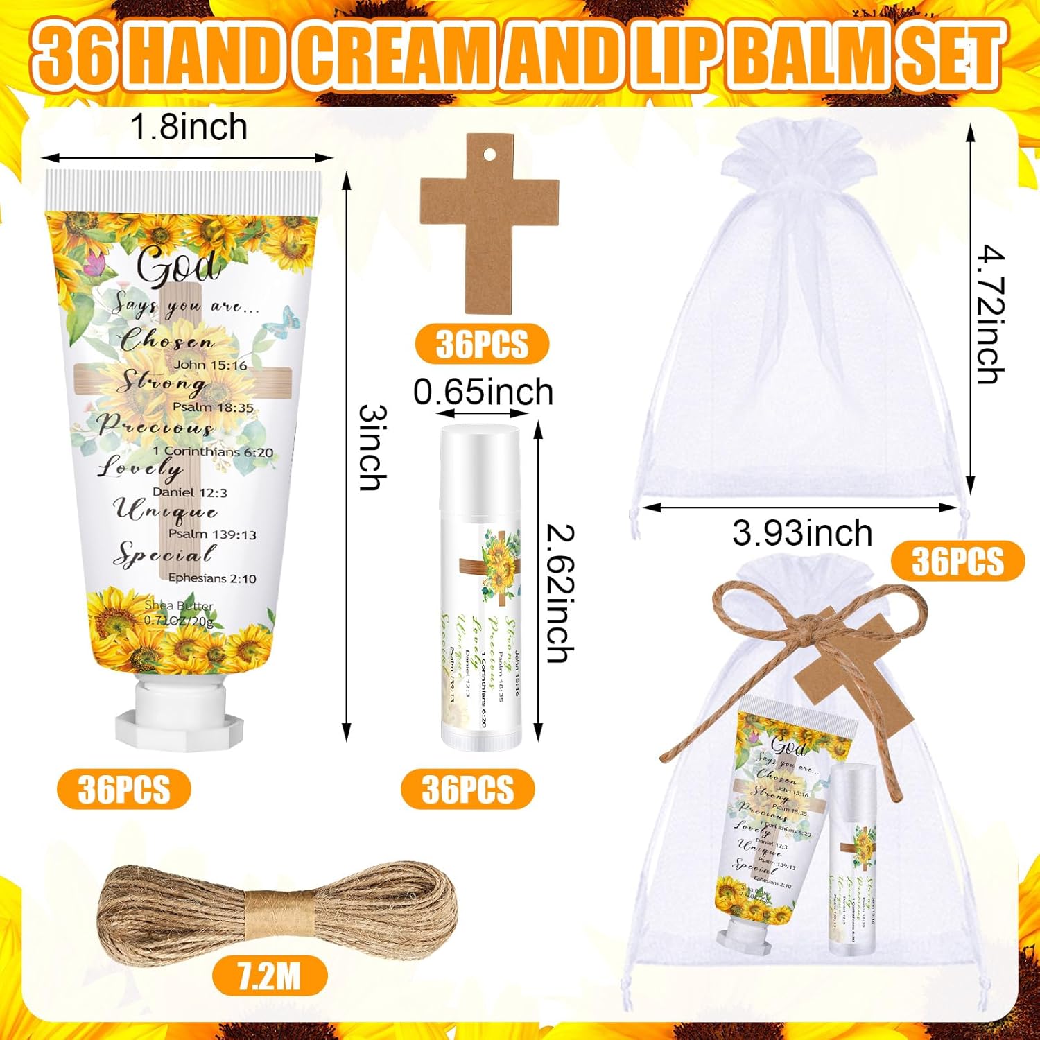 144 Pcs Christian Lip Balm Hand Cream Set Mothers Day Biblical Party Favors Include 36 Bible Lip Balms and Sunflower Moisturizing Hand Creams 36 Bags Cards and Ropes for Women Church Care