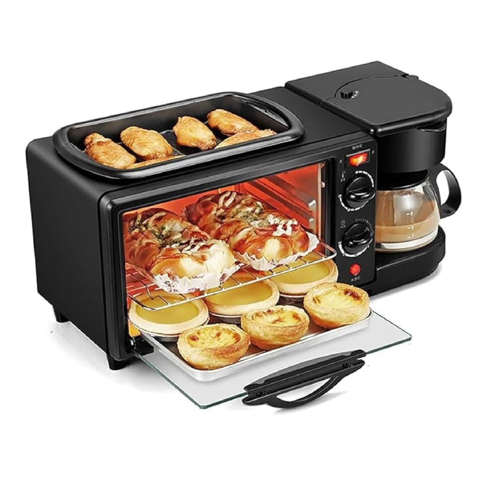 Estación de Desayuno 3 en 1, Máquina de Desayuno Versátil que Incluye Plancha Antiadherente, Horno Tostador de 12 Litros, Fácil de Quitar y Limpiar