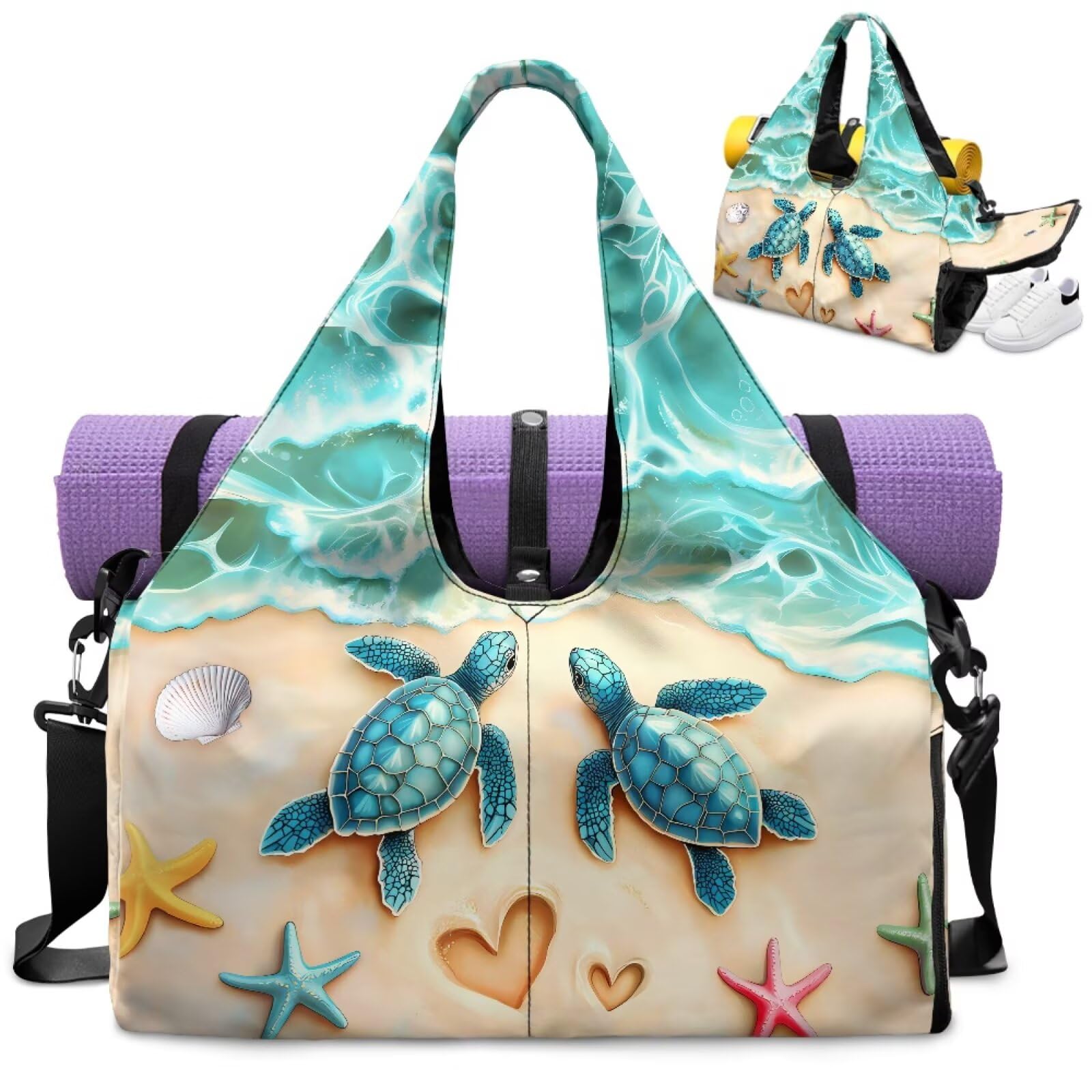 Dngkaoje Beach Turtle Gym Bag with Shoe Compartment Yoga Bag for Women Cute Gym Tote with Zipper Sports Bags Animals Sea Trutle Sports Duffle Bag for Boys High School Workout