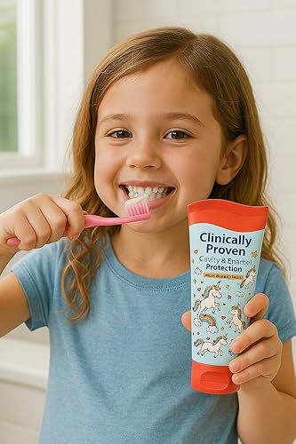 Miniatura 2 de Pasta de dientes para niños, sabor a fruta de unicornio con burbujas Anticavidad con flúor para mayores de 2 años, aceptada por la ADA, protección