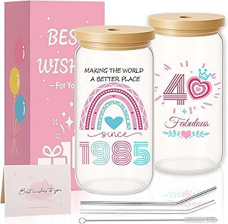 40th Birthday Gifts for Women, 40th Birthday Present Creative Glass Cups with Lids and Straws, Interesting Personalized Iced Coffee Glass Mug, Gifts For Best Friend Sister Wife Auntie Daughter Gift
