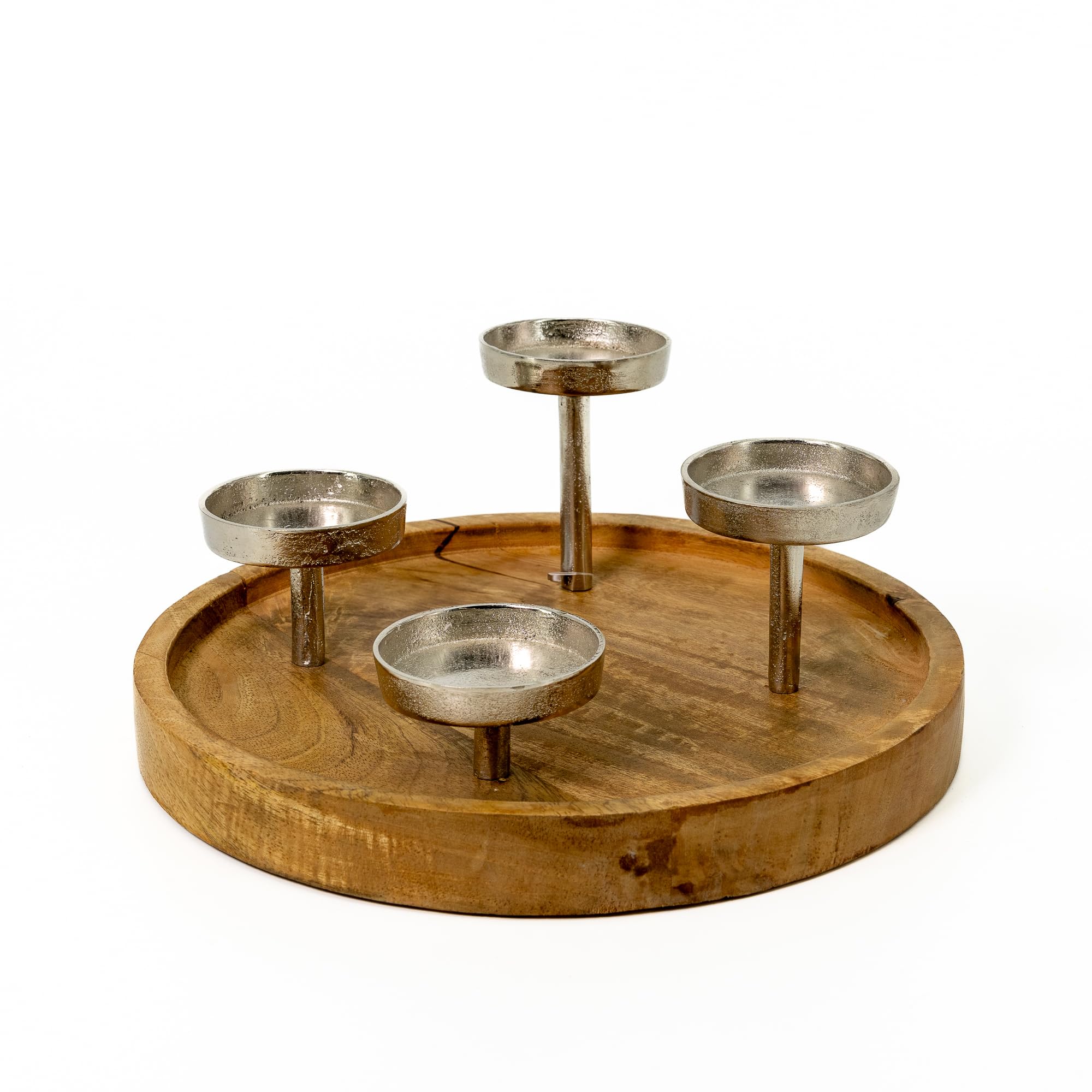 Mango-Holz und Metall Kerzenhalter rund Silber Ø 30cm für Vier große Stumpen-Kerzen Tisch-Deko Advent-Kerzenständer