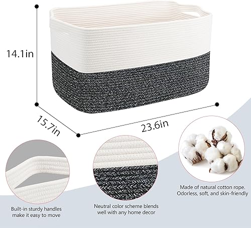 Miniatura 2 de Caja de juguetes extragrande, 23.6 x 15.7 x 14.1 pulgadas, cesta rectangular para manta para sala de estar, cestas de cuerda de algodón tejida para