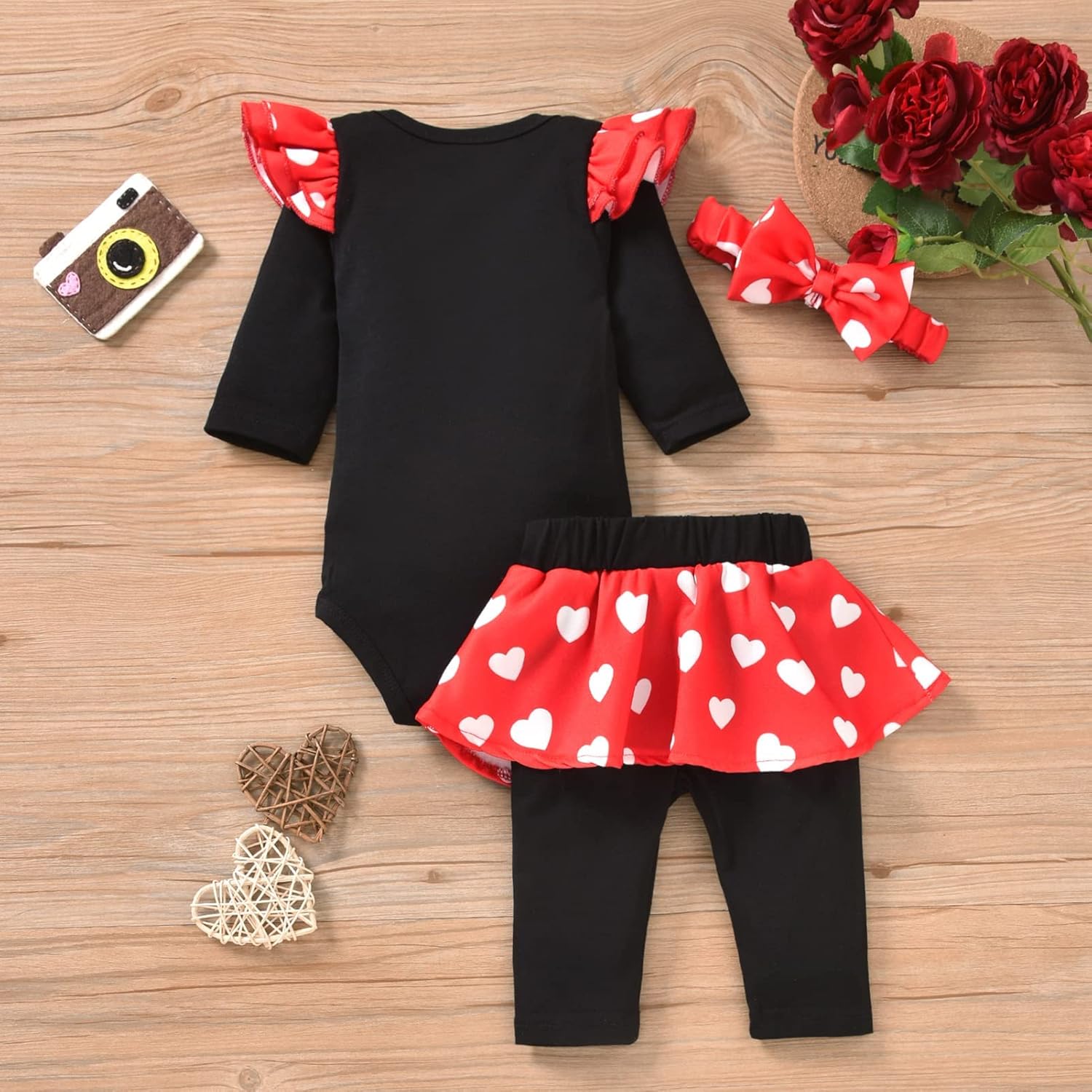HINTINA Infant Baby Girl Valentine Outfits Romper Pants Headband 3PCS Clothes Set - Image 7