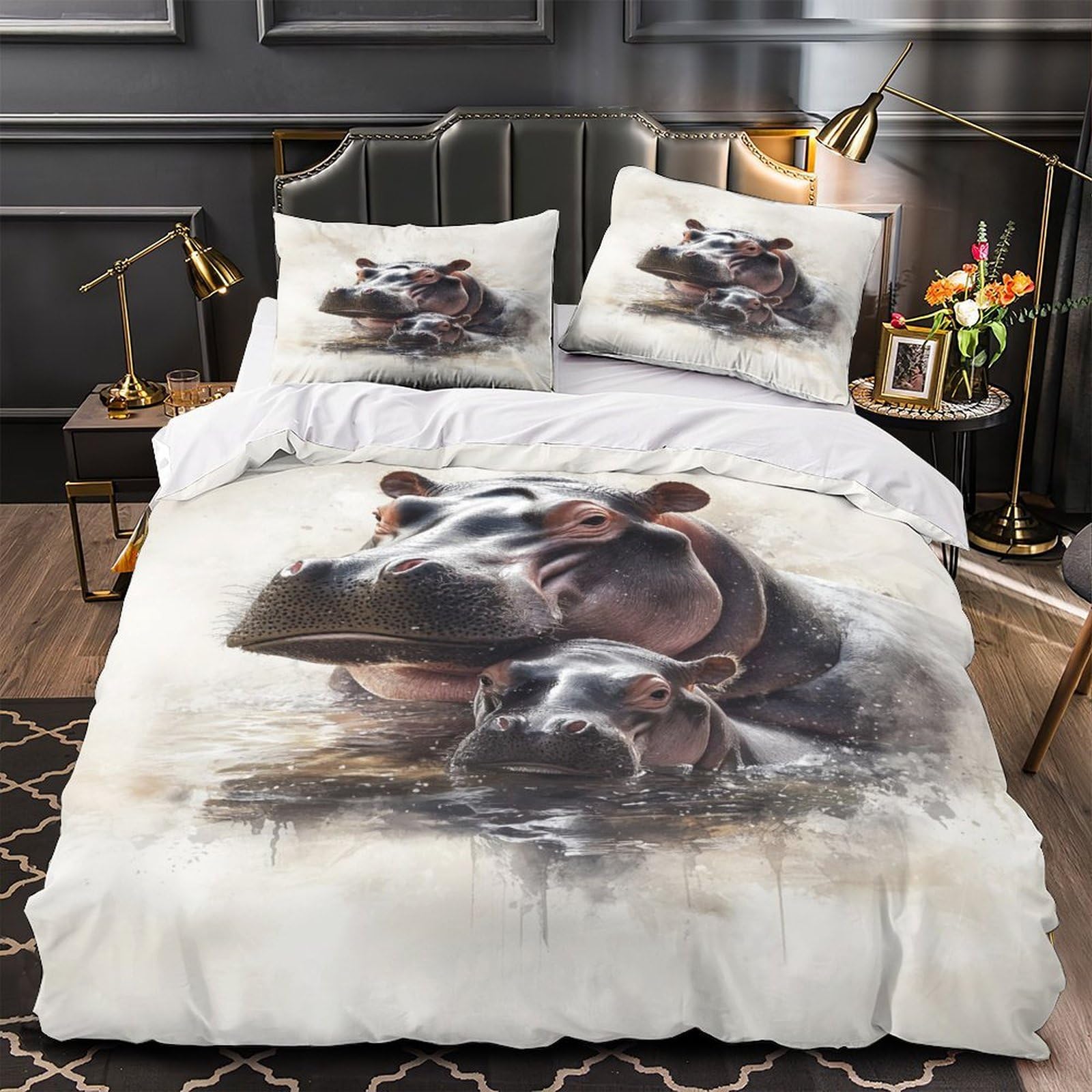 Housse de couette hippopotame tendre parure de lit 140x200cm en microfibre pour amoureux des animaux