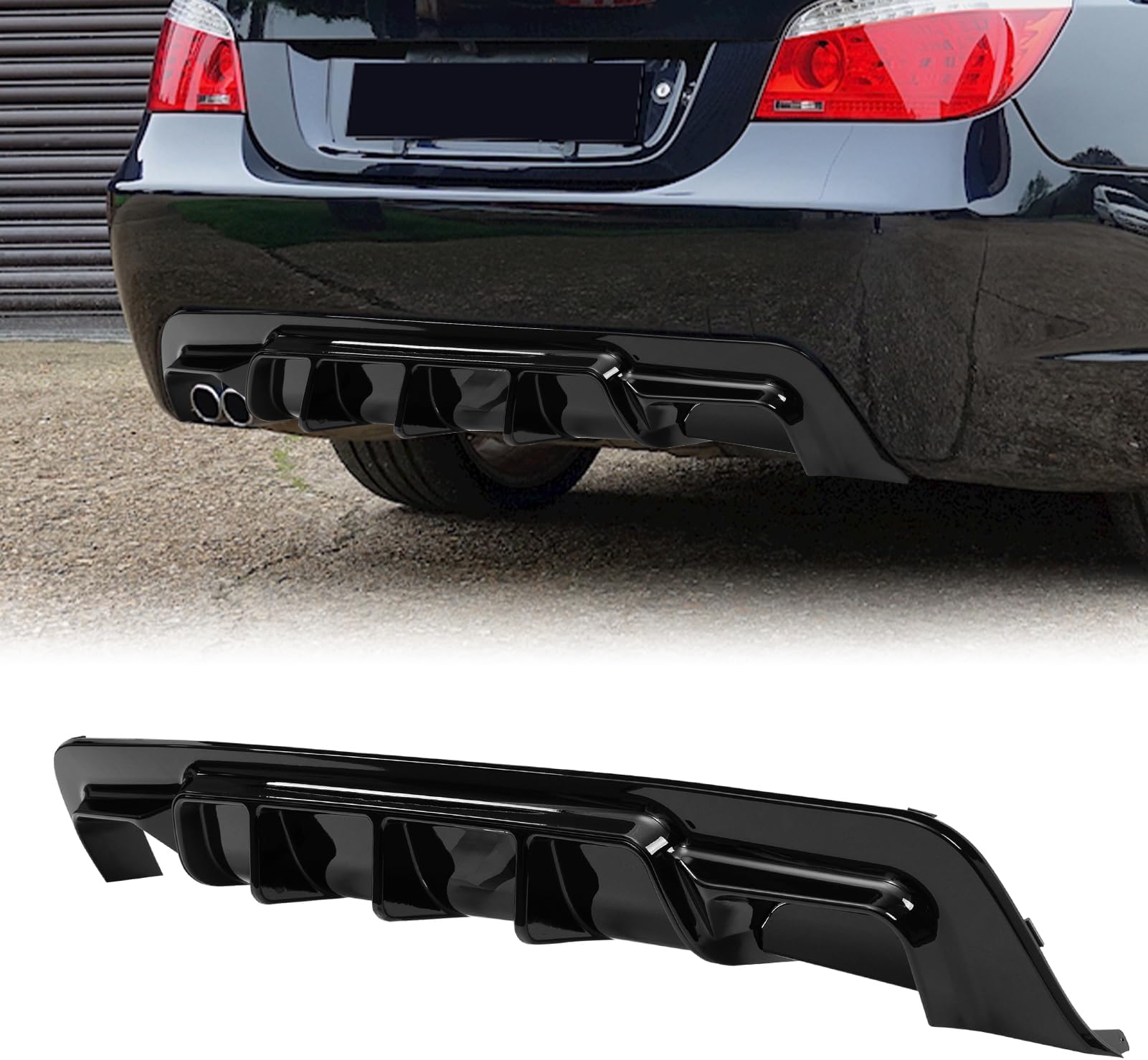 Rear Diffuser Compatible with 2002-2010 BMW E60 Rear Bumper Lower Lip Splitter (Single Side Double Outlet, Rear Diffuser Without LED)