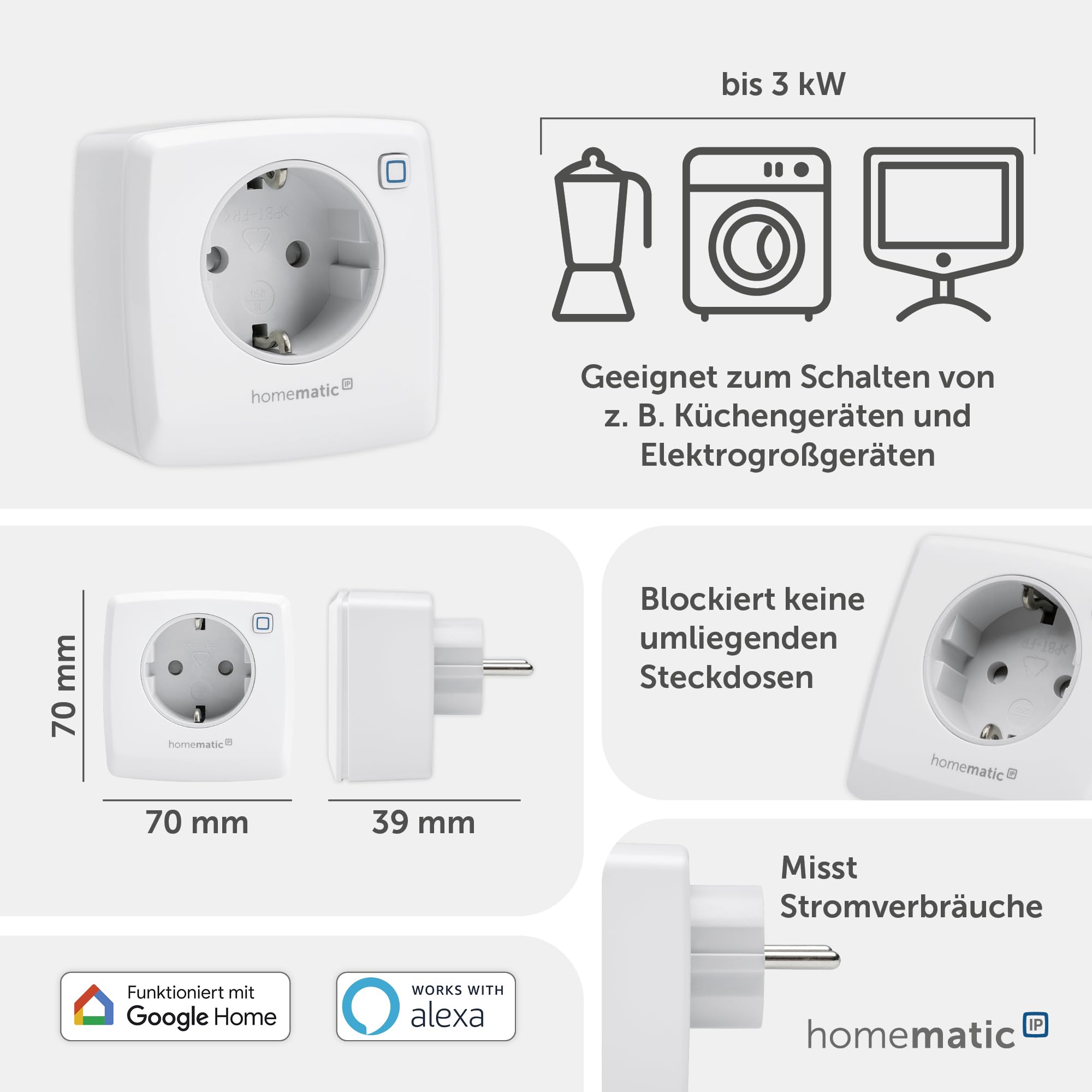 Homematic IP Schalt-Mess-Steckdose | Smart Home, Steckdose misst Strom, digitaler Zwischenstecker, Steuerung per App, Alexa/Google Home, Energie sparen, 157337A0
