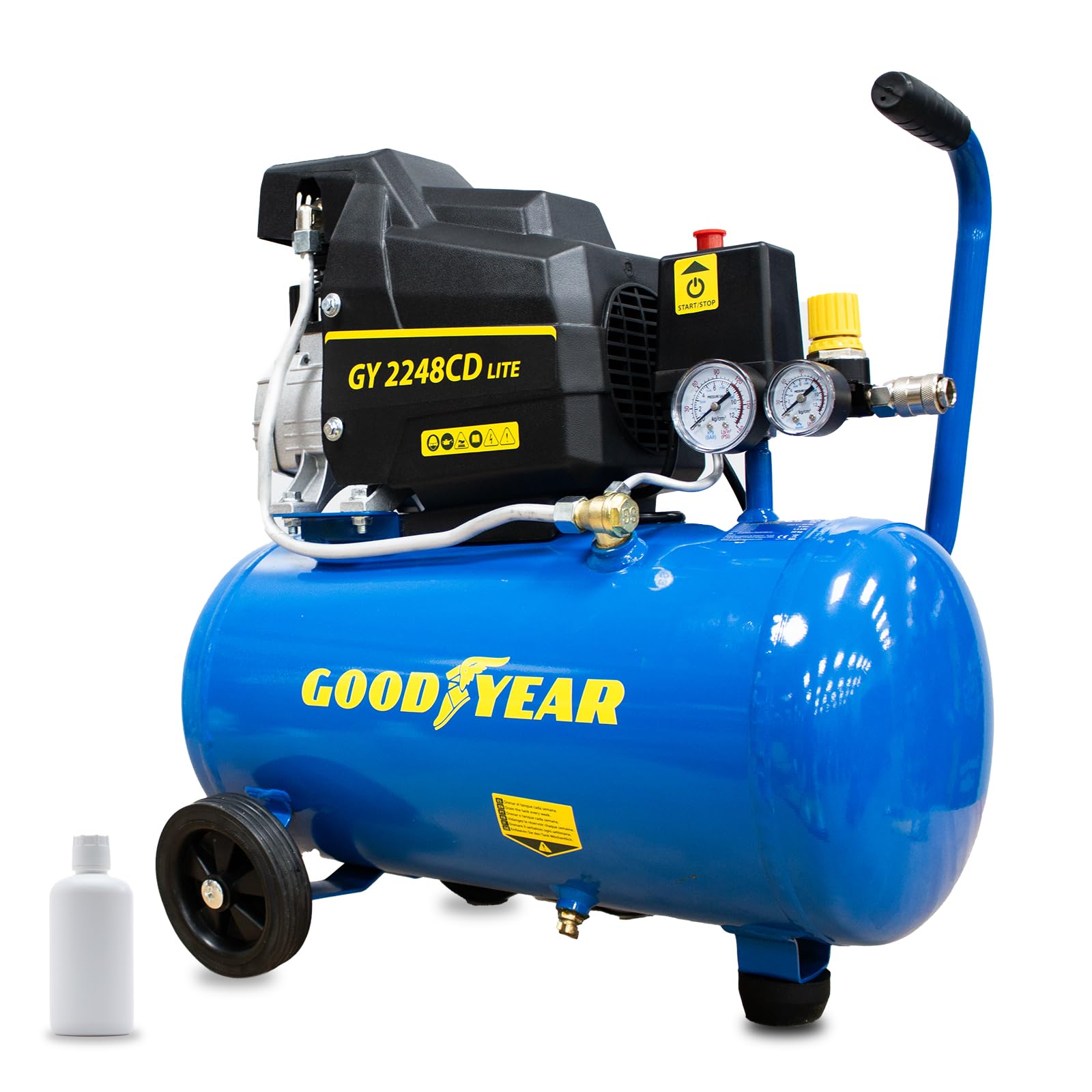 Goodyear -Compresor Eléctrico Motor de Inducción 24 Litros 2CV 230 V - 50 Hz. Compresor 165 litros/minuto Capacidad de Aspiración. 2.800 rpm. Presión Nominal 8 bares. 97 dB