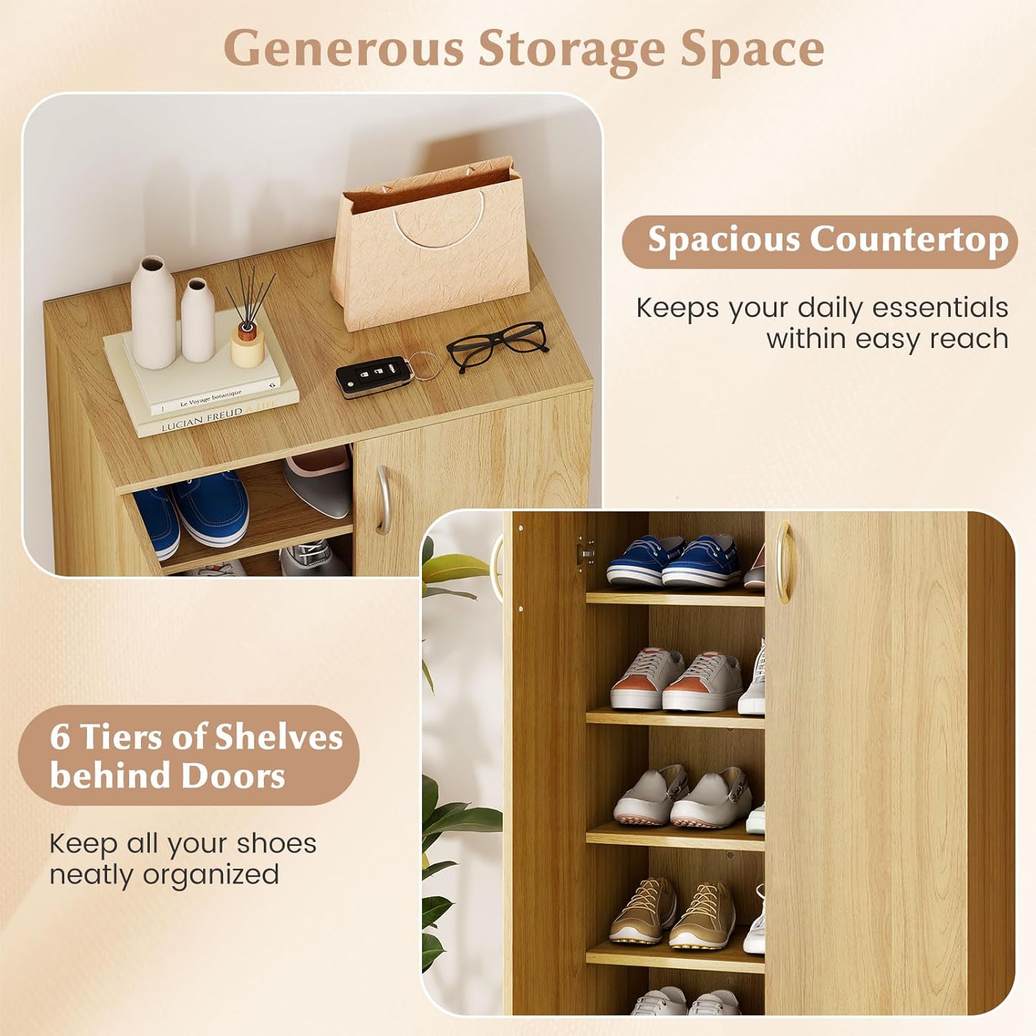 Giantex Shoe Cabinet with Doors, 6-Tier 20 Pair Wooden Shoe Rack Organizer Cabinet with Removable Shelves, 48" Tall Modern Shoe Storage Cabinet for Entryway, Closet, Hallway, Living Room