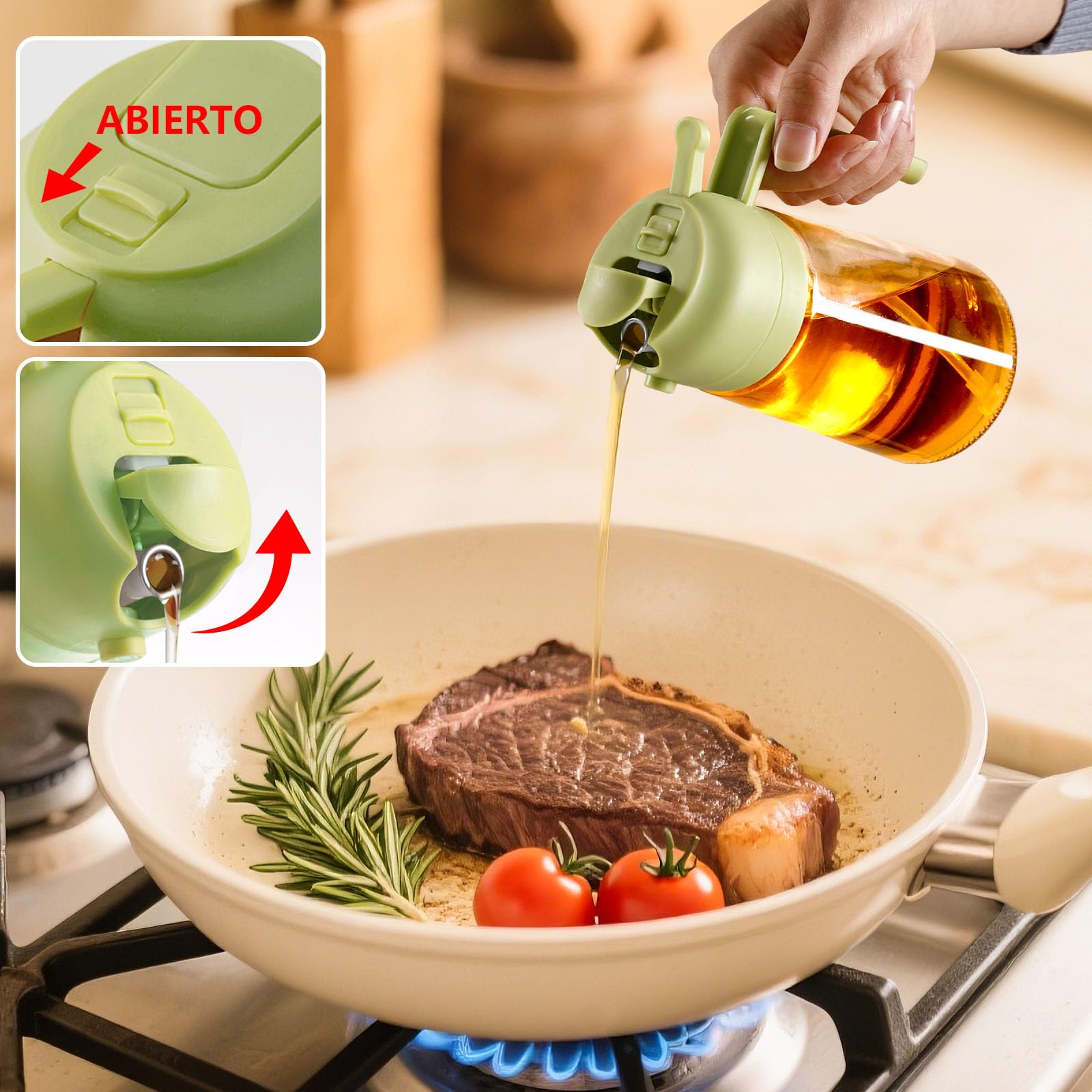 SWEET VIEW 470ml 2 en 1 Dispensador de Aceite y Pulverizador de Aceite, Vertedor Dispensador de Aceite de Oliva para, Cocina, Cocinar,Freidora de Aire,Ensalada, Barbacoa (Verde) — view 4