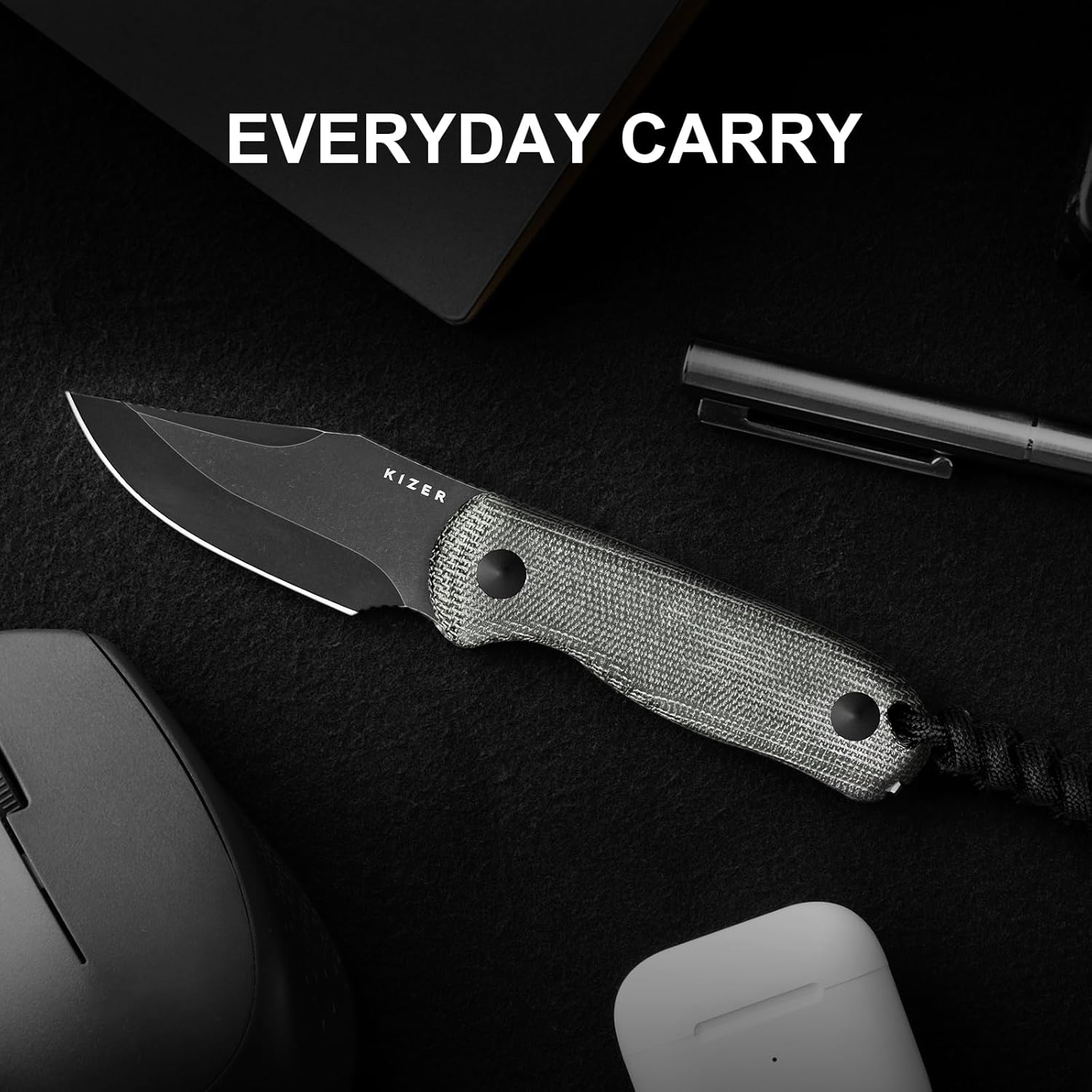 Kizer Drop Bear Fixed Blade Knife, 2.6" AEB-L Black Stonewash Blade EDC Camping Knife with Black Micarta Handle & Hidden Tools, Full Tang Hunting Survival Knives with Adjustable Kydex Sheath, 1092A1