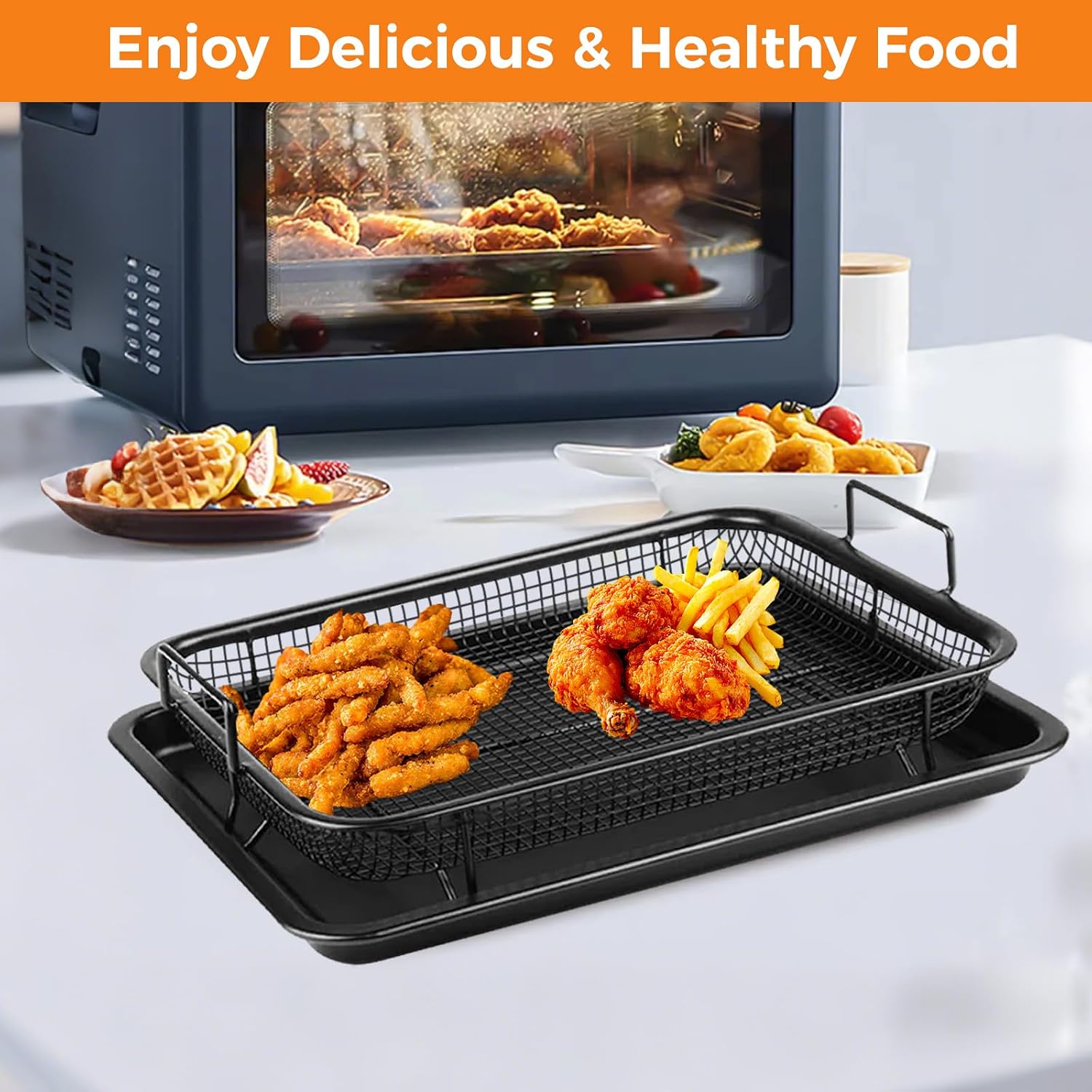 BestYiJo Air Fryer Basket for Oven, 2-Piece Nonstick Crisper Tray & Basket Set, Stainless Steel with 30 Parchment Papers for Healthy Baking & Roasting, Dishwasher Safe (15.4” x 11.5”) (black)