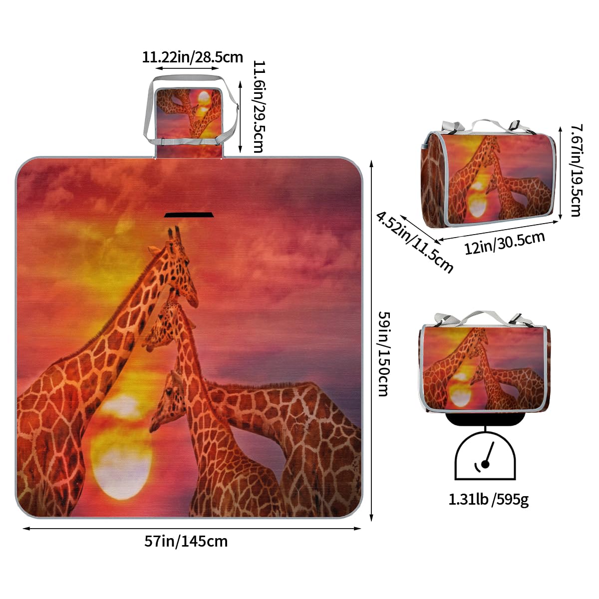 Shimoshe Animal Giraffe Picnic Blankets 57”x 59”, Sunset Giraffe Waterproof Sandproof Picnic Mat Lightweight Foldable Beach Blanket for Camping Park Grass Beach Outdoor Blanket