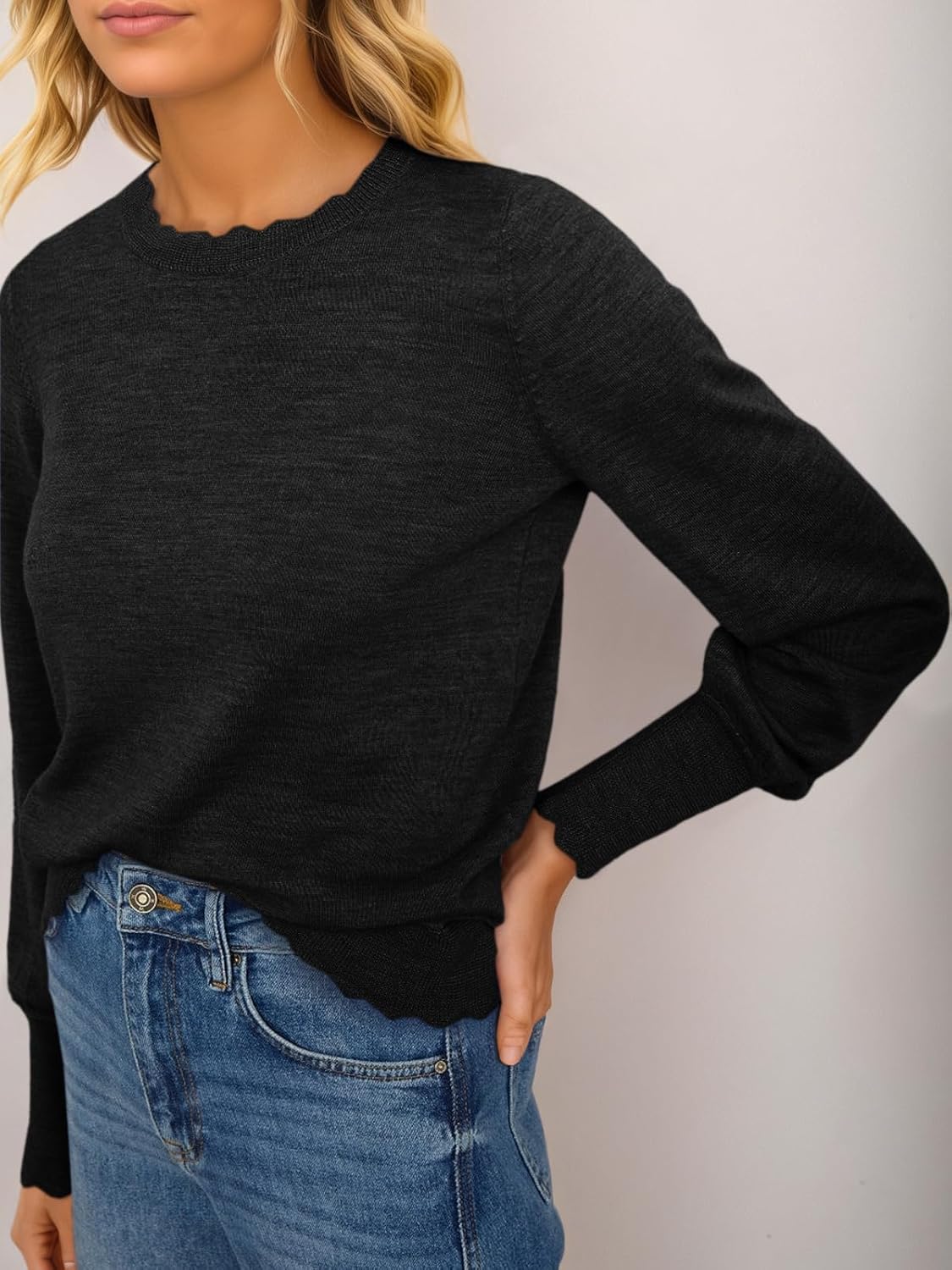 Cicy Bell Womens Crew Neck Long Sleeve Sweater Trendy Casual Scallop Trim Fall Knit Lightweight Pullover Tops - Image 4