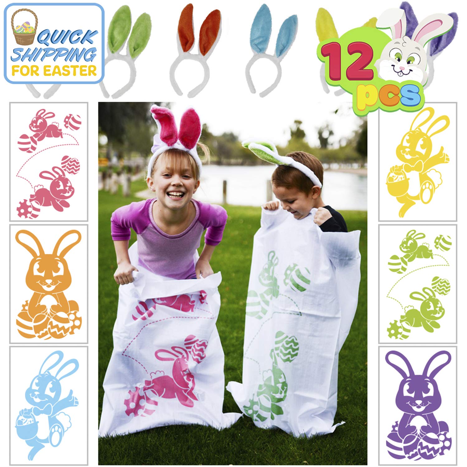 JOYIN 6 Potato Sack Race Jumping Bags 40 x 24 with Bunny Ears Headbands for All Ages Kids Easter Theme Party Favor, Easter Eggs Hunt Game Activities, Party Supplies, Party Games, Great Family Games.