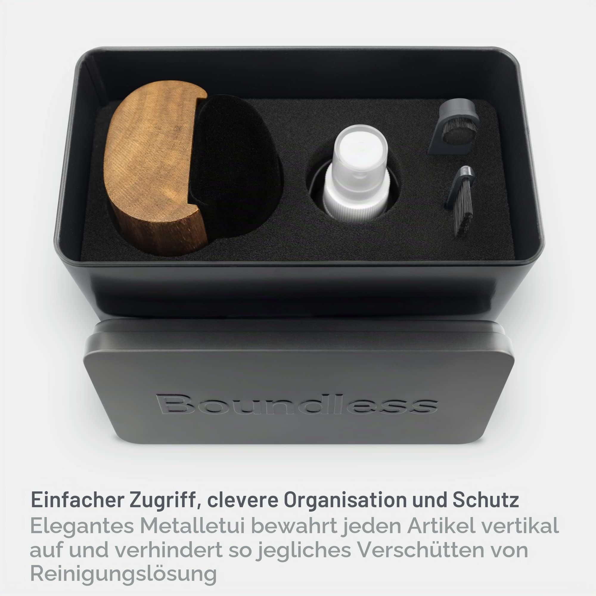 Boundless Audio Schallplatten-Reinigungsset – 5-in-1-Reinigungsset für Vinyl-Schallplatten, inklusive Samt-Bürste, Stylusbürste, Schallplattenreinigungslösung, Reinigungsbürste und Metalletui