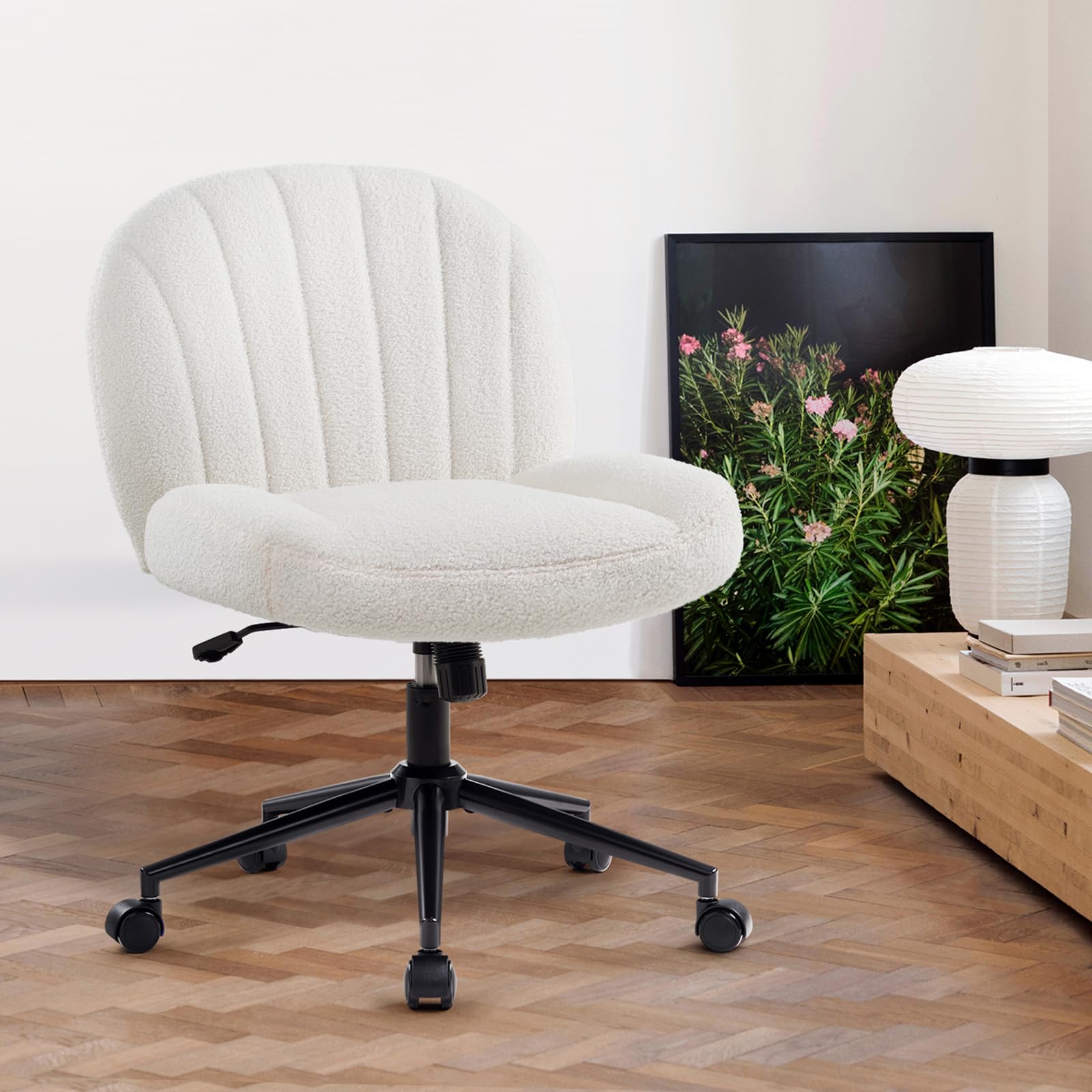 IWMH Schneidersitz Bürostuhl Ohne Armlehnen, mit Breiterem Sitzfläche | Höhenverstellbar Drehstuhl mit Rollen, Ergonomischer Schreibtischstuhl mit Stoffbezug, für Büros und Schlafzimmer, Weiß