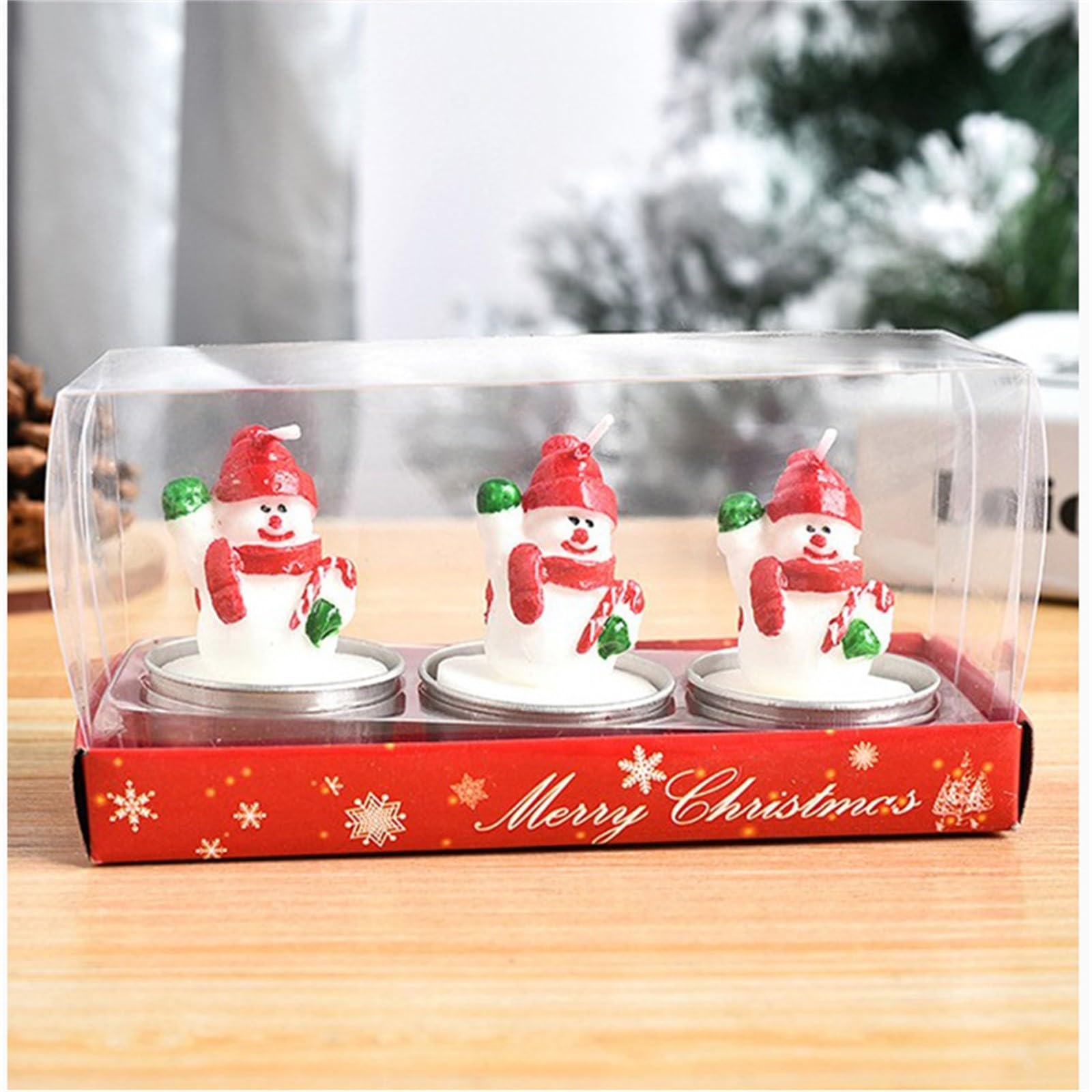 Mini Christmas Candles, Unscented Tea Light Candles with Candlesticks, Santa Claus, Snowman, Pine Cones, Christmas Tree, House Christmas Decor for Party Bedroom Table Decorations, 3pcs/Set (E)