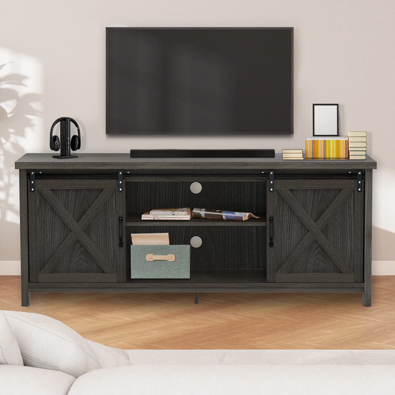GAZHOME Farmhouse TV Stand with Sliding Barn Doors, Modern Media