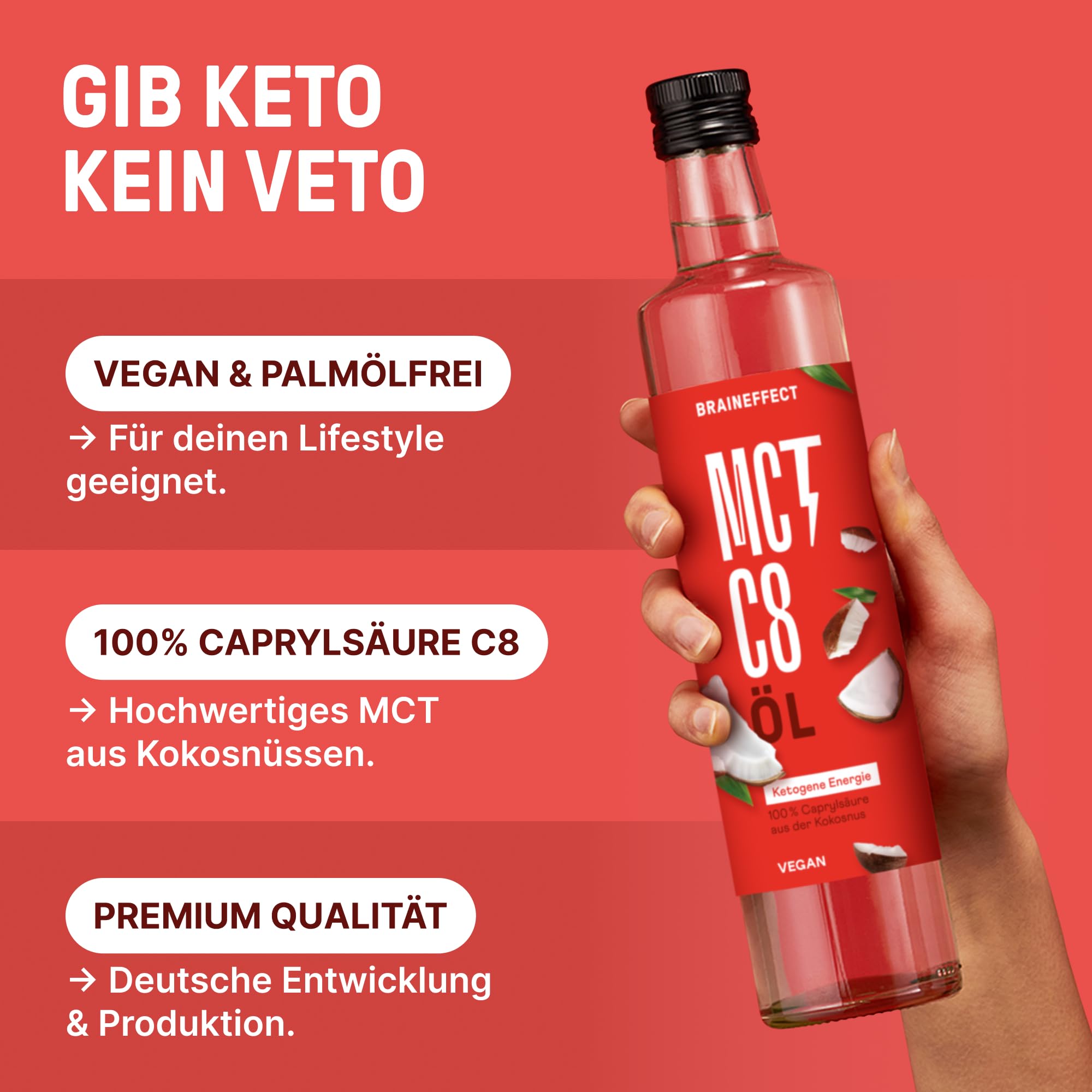 BRAINEFFECT MCT-Öl C8 - Bildet 300% mehr Ketone als andere MCT-Öle (>97% C8) - Ketogene Ernährung - Reiner Extrakt aus Kokosnussöl - Ideal für ketogene Diät & Bulletproof Coffee (500ml)