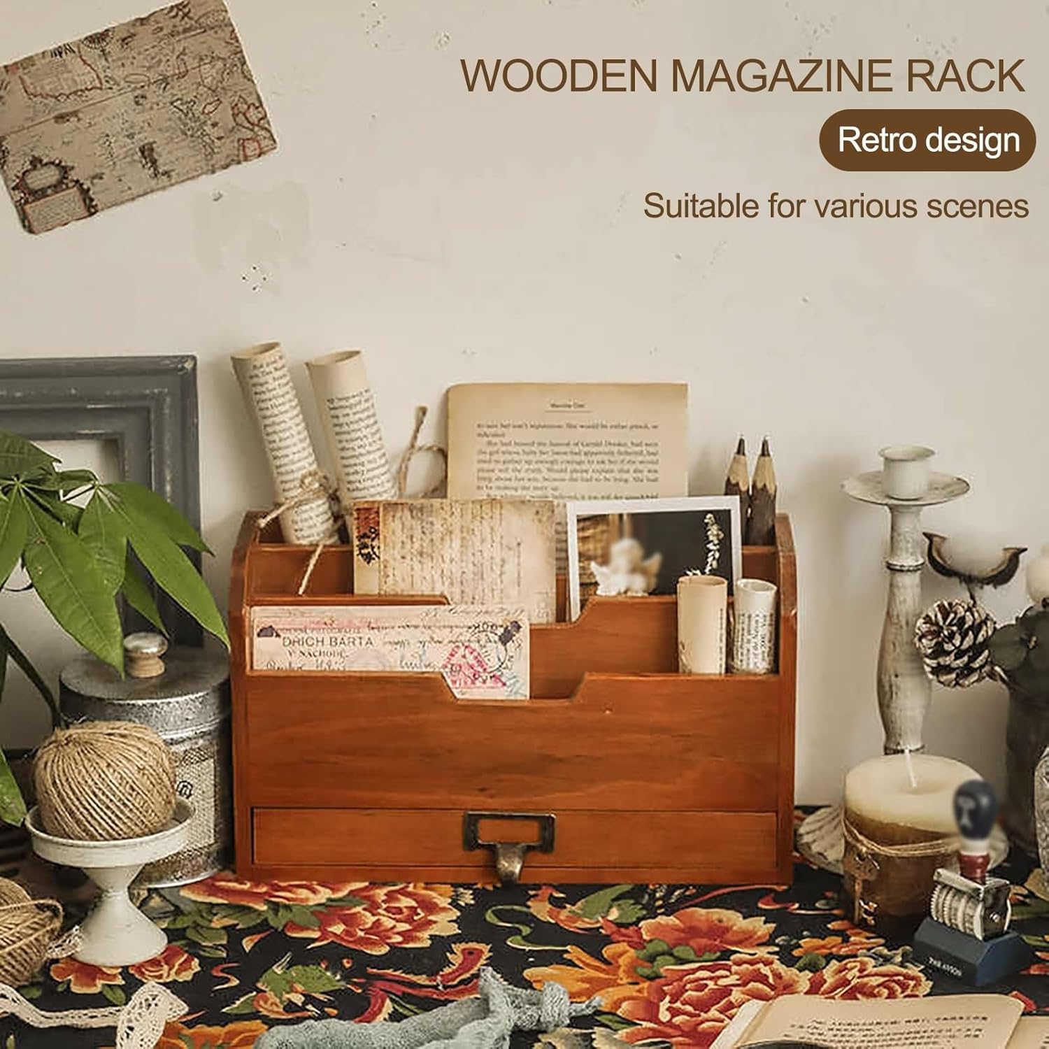 Wood Magazine Rack Sleek Floor Standing Book Display Rack for Periodicals - 4 Pockets Total - Desk Organizer for Office Home Classroom Organization(Brown)