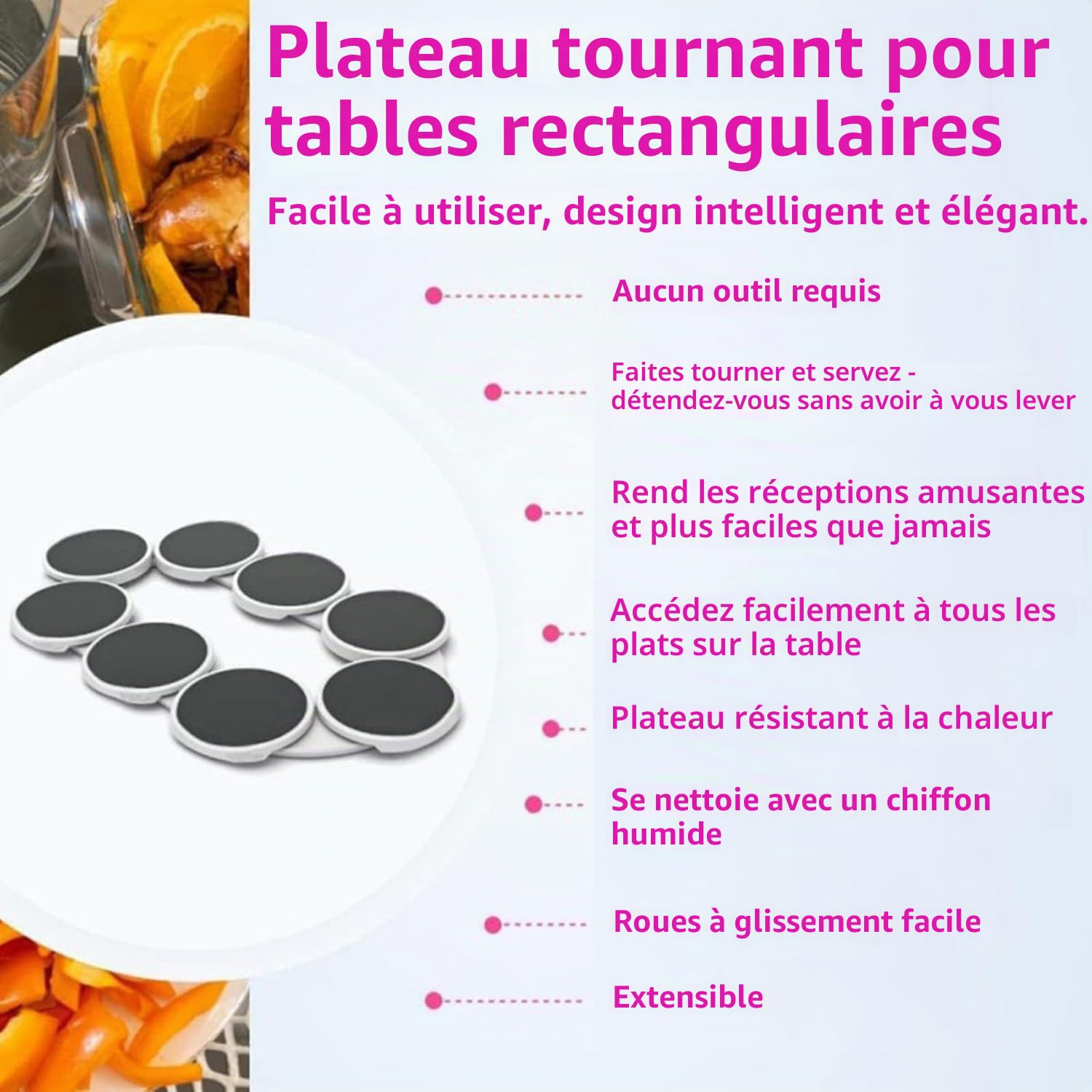 Plateau de Service Rotatif, Tables de Salle à Manger, Lazy Susan, Vaisselle Extensible, Organisateur de Table Rectangulaire Oblongue