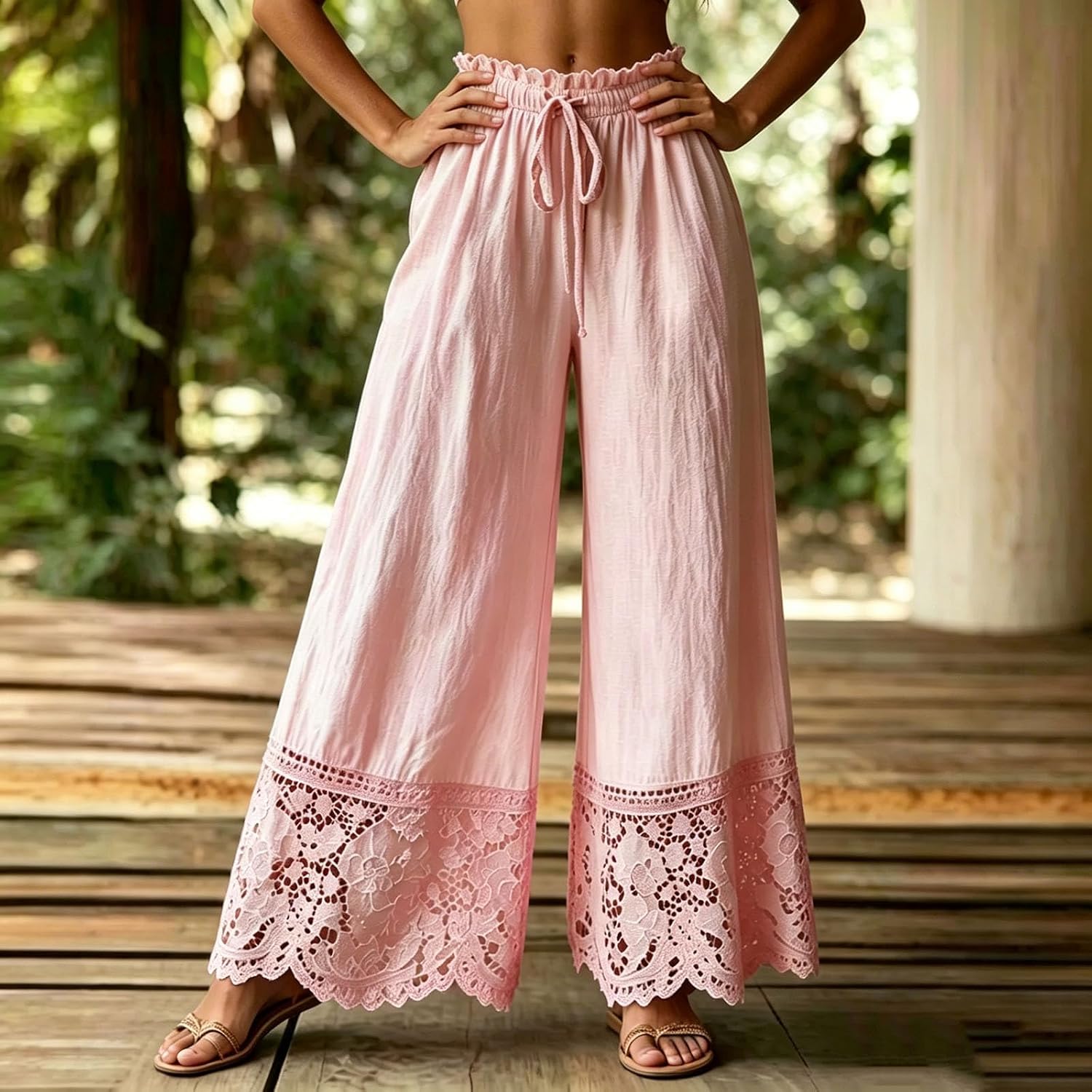Women Lace Hem Pants Casual Drawstring Elastic High Waisted Trousers Wide Leg Summer Beach Flowy Pant with Pockets