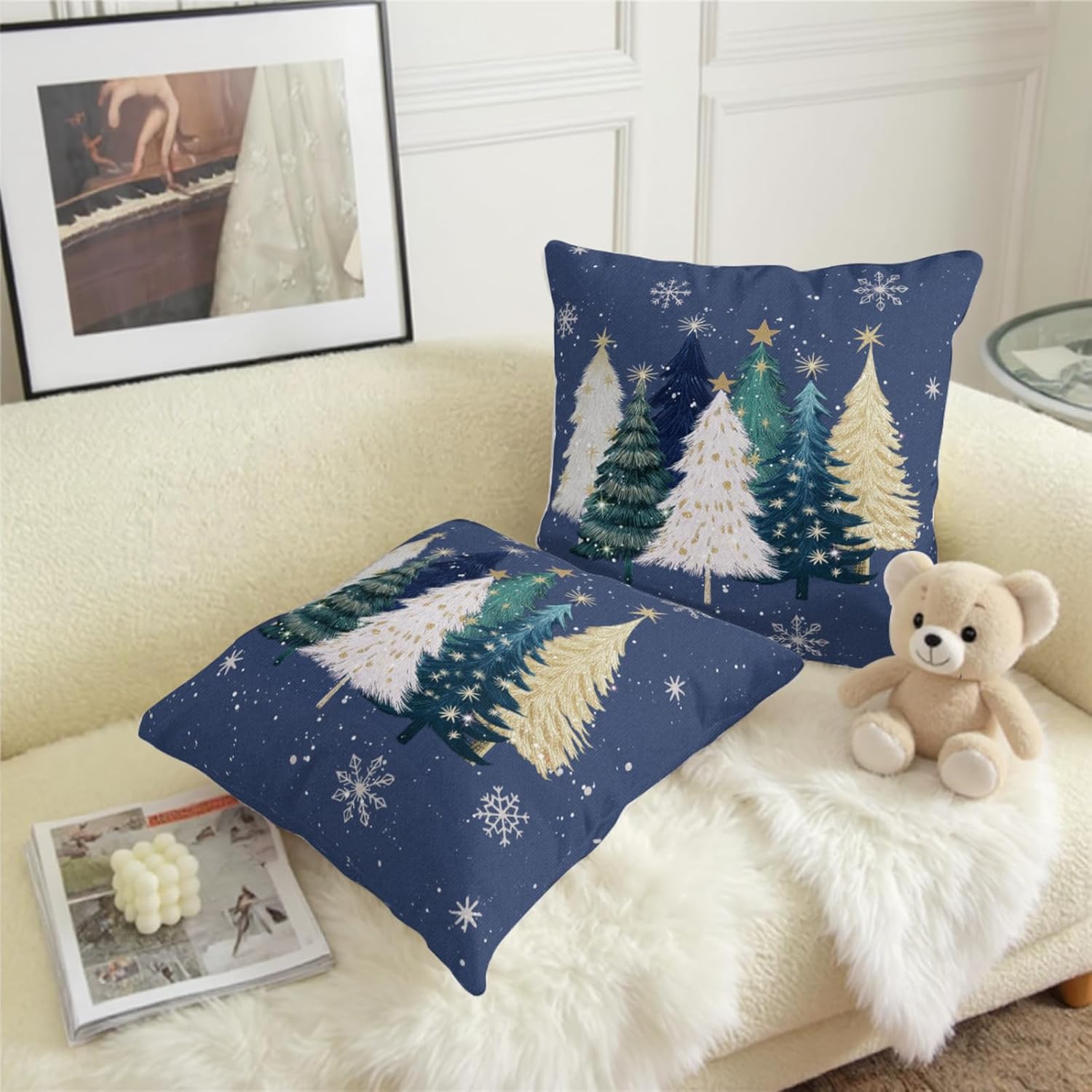 Blue Christmas Pillow Covers 24x24 Set of 2 Teal White Gold Xmas Tree Snowflakes Decorative Outdoor Throw Pillow Cases Winter Holiday Farmhouse Cushion Cover for Sofa Couch Patio