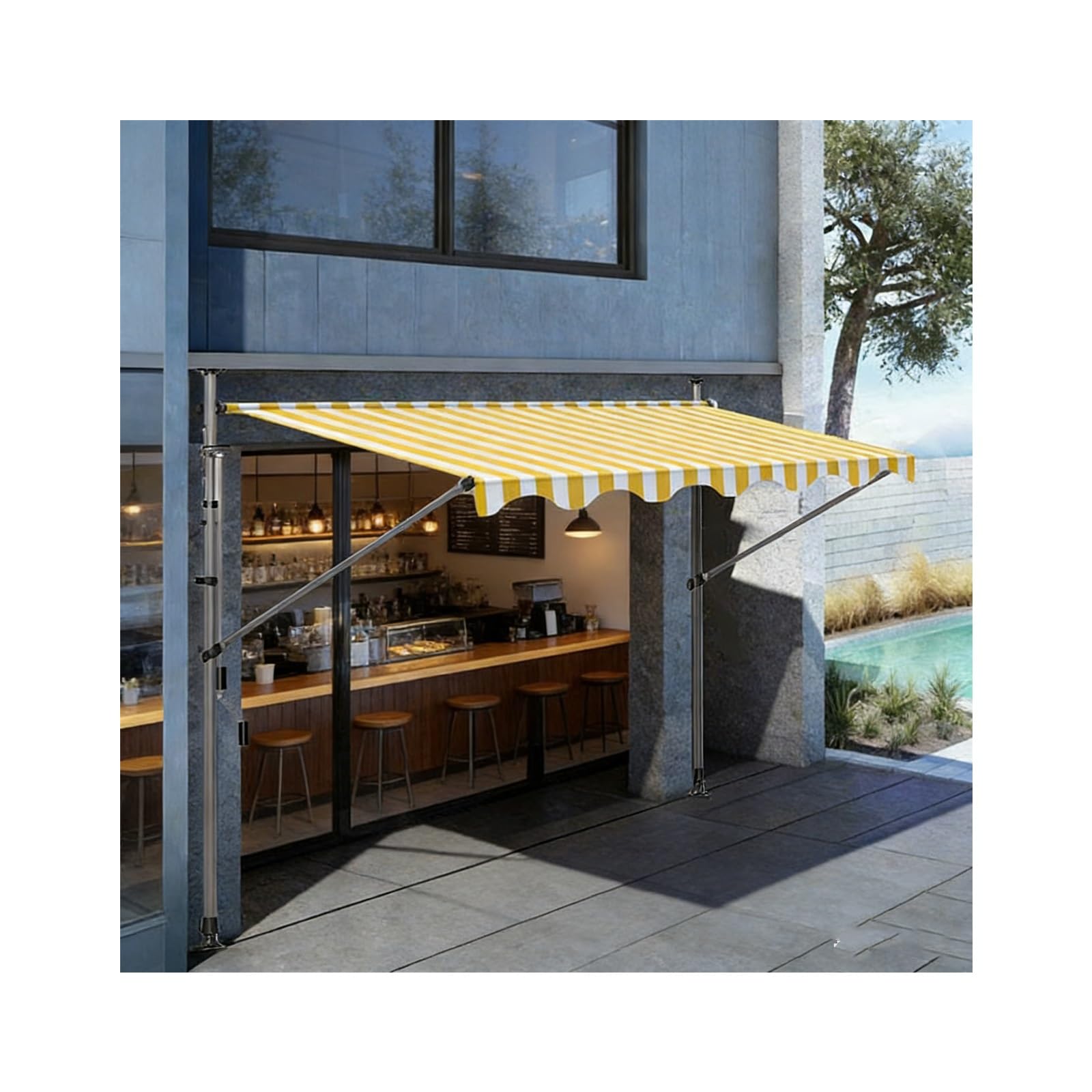 Toldo manual retráctil amarillo y blanco 8.2 pies para protección solar