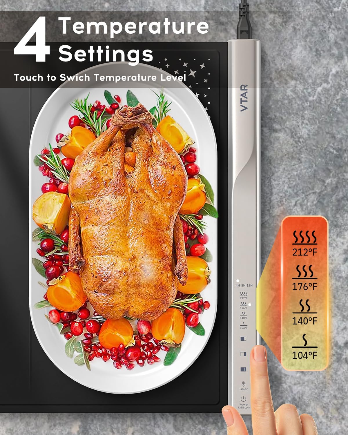 vtar electric food warming mat tray warmer for party buffet servers, dual-zone heating with independent temperature control, hot logic heating heater, full surface keep warm - black 609b