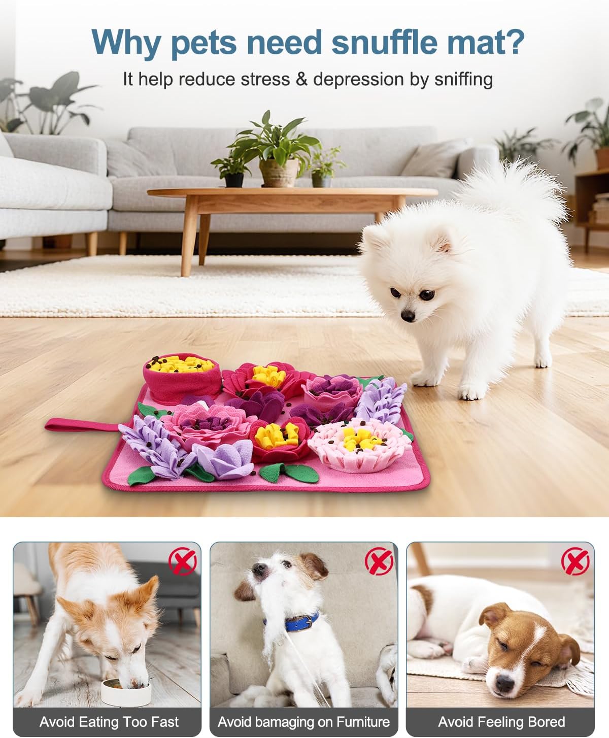 Snuffle Mat for Dogs - 15.4x15.4 Inch for Small & Medium Breeds, Cats & Rabbits | Interactive Slow Feed Sniff Mat with Non-Slip Bottom to Encourage Natural Foraging & Calming