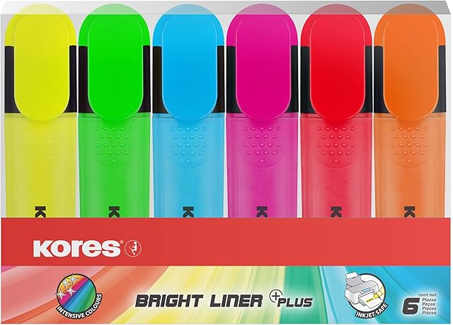 Kores - Bright Liner Plus: Coloured Fluorescent Highlighter Pens, Chisel Tip and Water-based Ink, Ergonomic Shape, School and Office Supplies, Pack of 6 Assorted Colours
