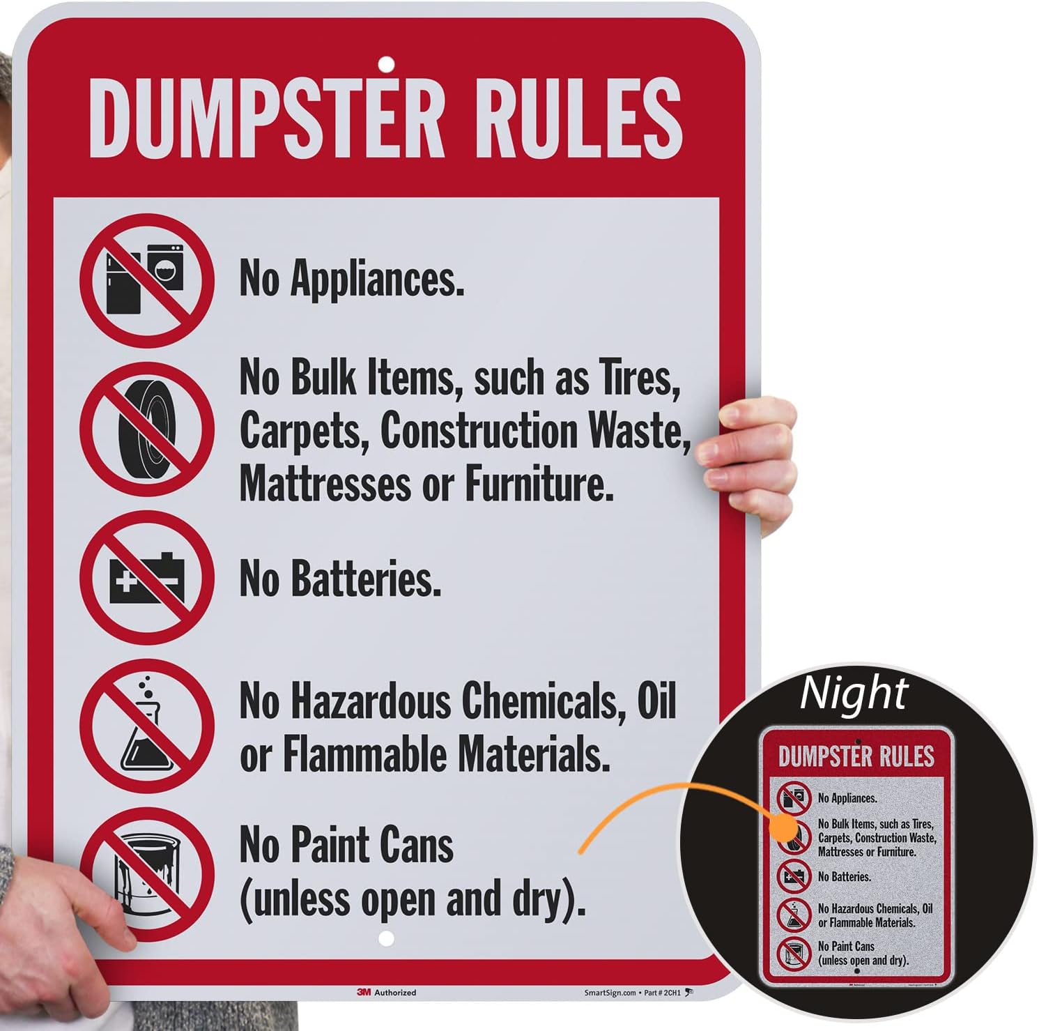 SmartSign - K-7493-EG-18x24 "Dumpster Rules" Sign | 18" x 24" 3M Engineer Grade Reflective Aluminum Black/Red on White